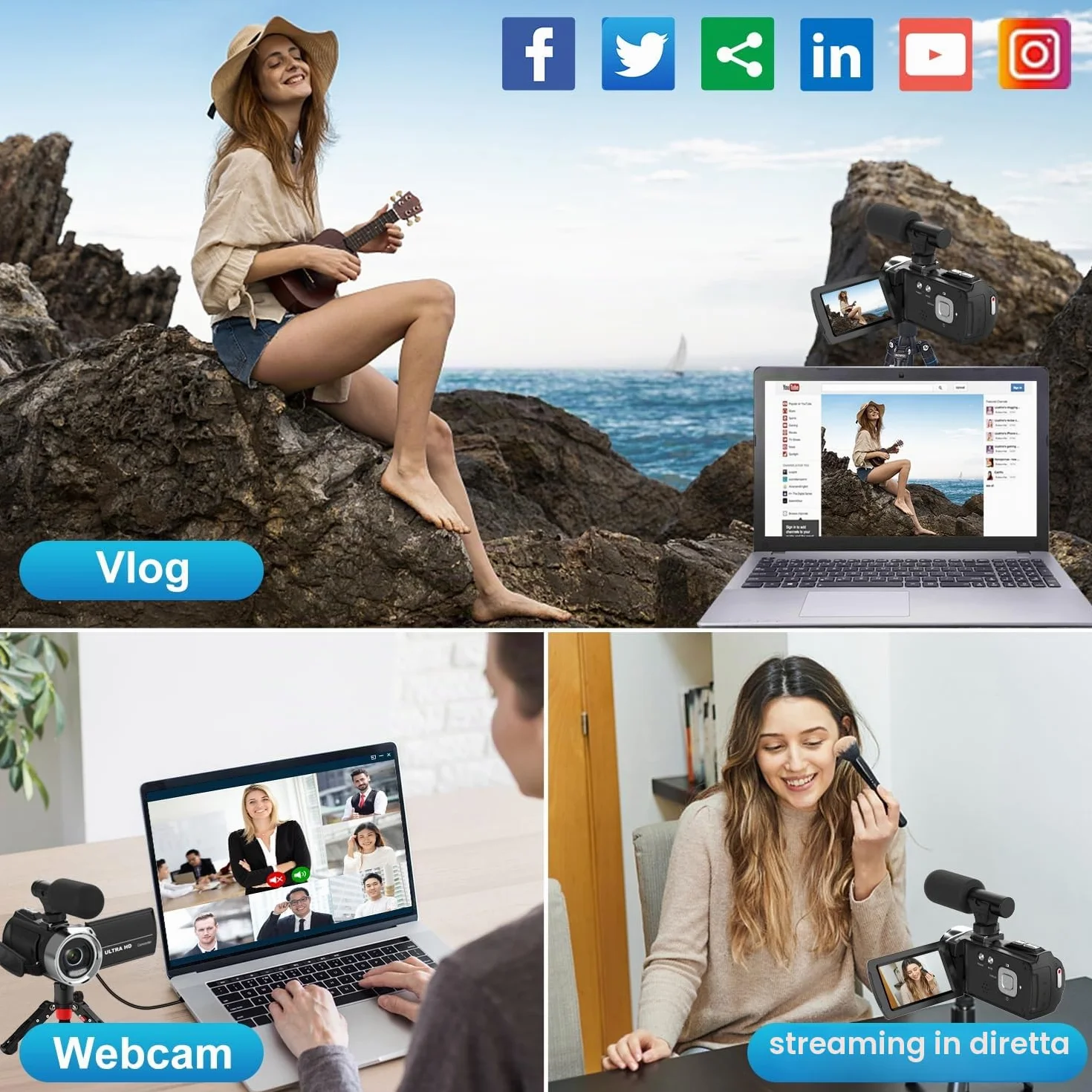 Videocamera FHD 48MP 4K per YouTube, 18X Zoom Digitale, Schermo IPS 3.0” con Rotazione 270 Gradi, Inclusa Scheda Memoria SD da 32GB