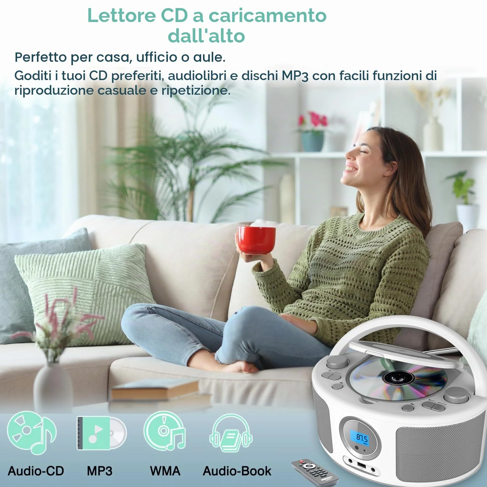 Radio Portatili Boombox con Bluetooth, Telecomando, Lettore CD Stereo con Radio FM, Ingresso Blue Tooth, USB, AUX-IN,Compatibile CD-R/CD-RW,AC o Alimentato a Batteria