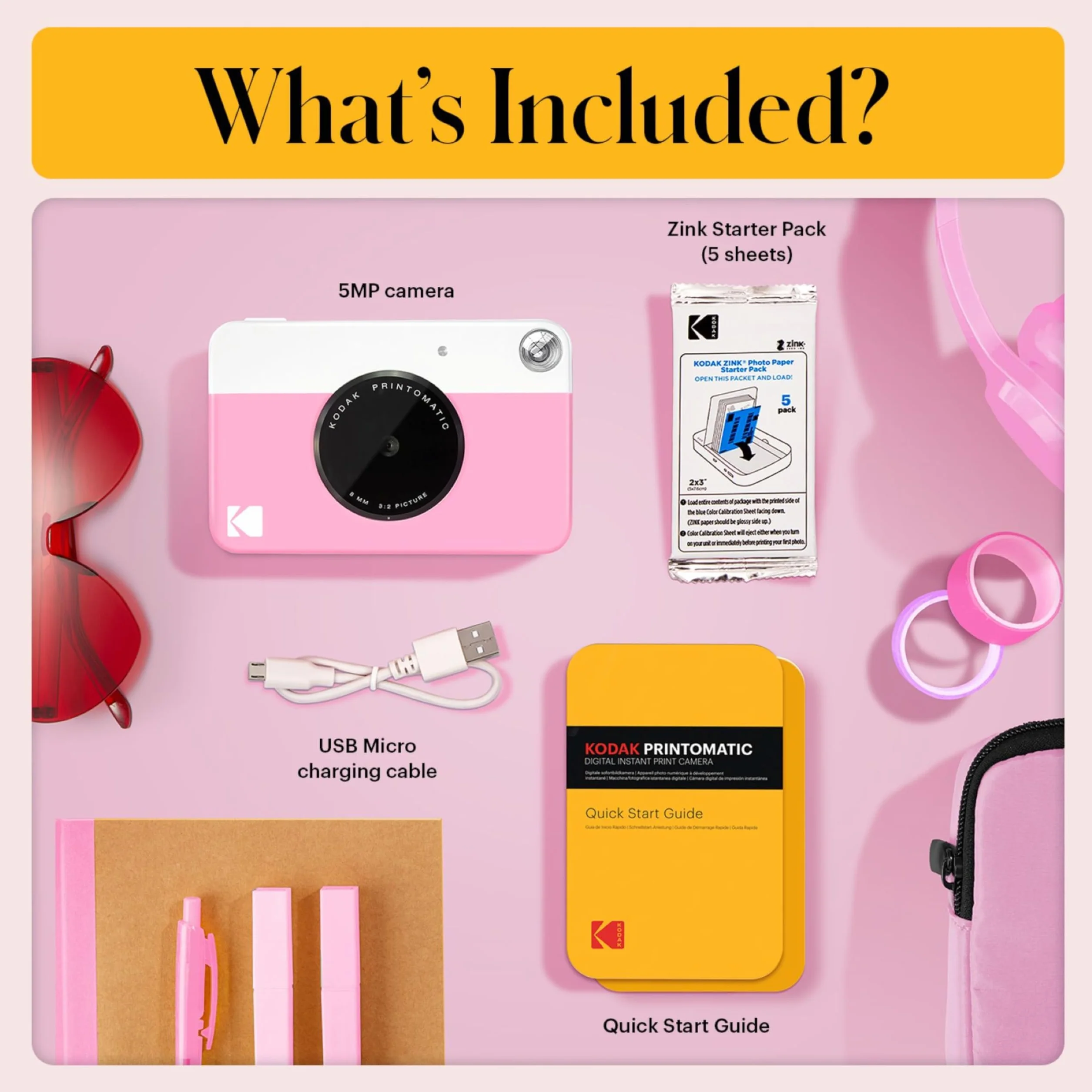 KODAK Printomatic Pacchetto iniziale per macchina fotografica a stampa istantanea a colori + Custodia morbida + Carta fotografica Zink 20pk - Foto colorate su carta adesiva 2x3" - Rosa