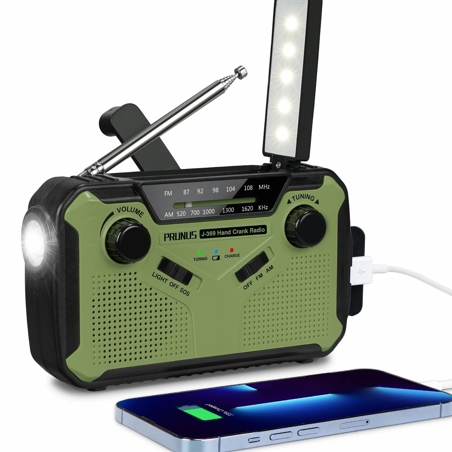PRUNUS J-369 Radio Portatile Emergenza FM/AM, Radiolina a Manovella Dinamo, Solare con Batteria 3000 mAh, Allarme SOS, Torcia, Verde