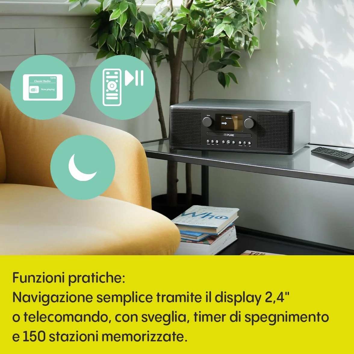 Pure Classic C-D6i Radio Internet All-in-One WiFi DAB+/FM Bluetooth 5.3 Lettore CD USB AUX Audio Stereo 2x15W Display Colori Sveglia Sleep Timer Nero