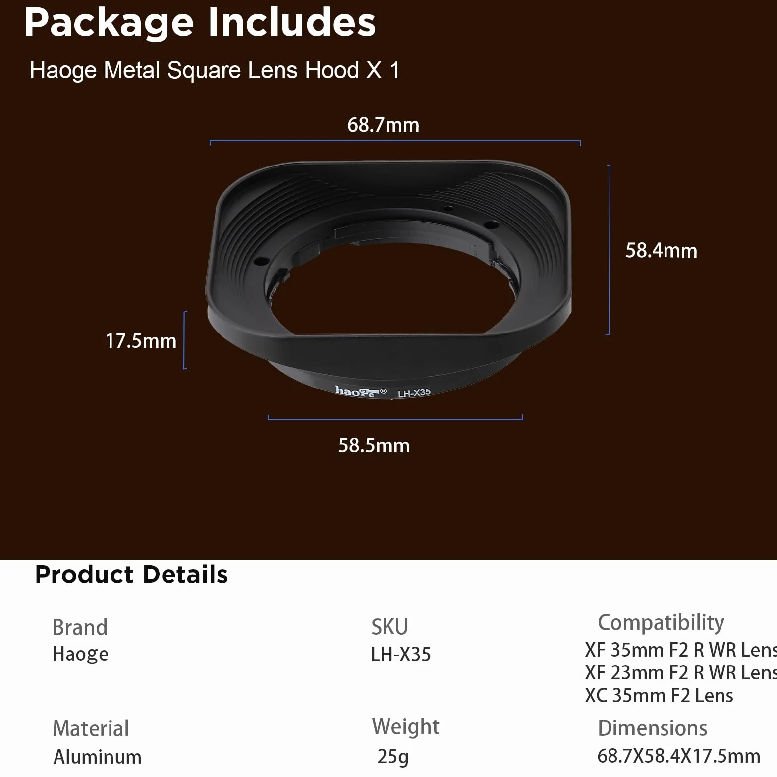 Haoge LH-X35 - Paraluce rettangolare in metallo per obiettivo Fujifilm Fuji Fujinon XF35 mmF2 XF 35 mm f/2 R WR e XF23 mmF2 XF 23 mm f2 R WR WR, sostituisce LH-XF35-2