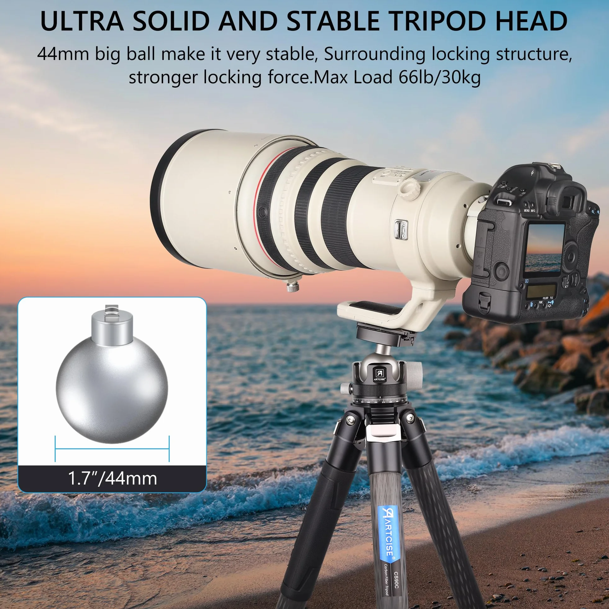 Testa a sfera a basso profilo, ARTCISE KB44 Testa per treppiede per impieghi gravosi interamente in metallo con 3 piastre a sgancio rapido da 1/4" per treppiede, monopiede, DSLR, carico massimo 30 kg