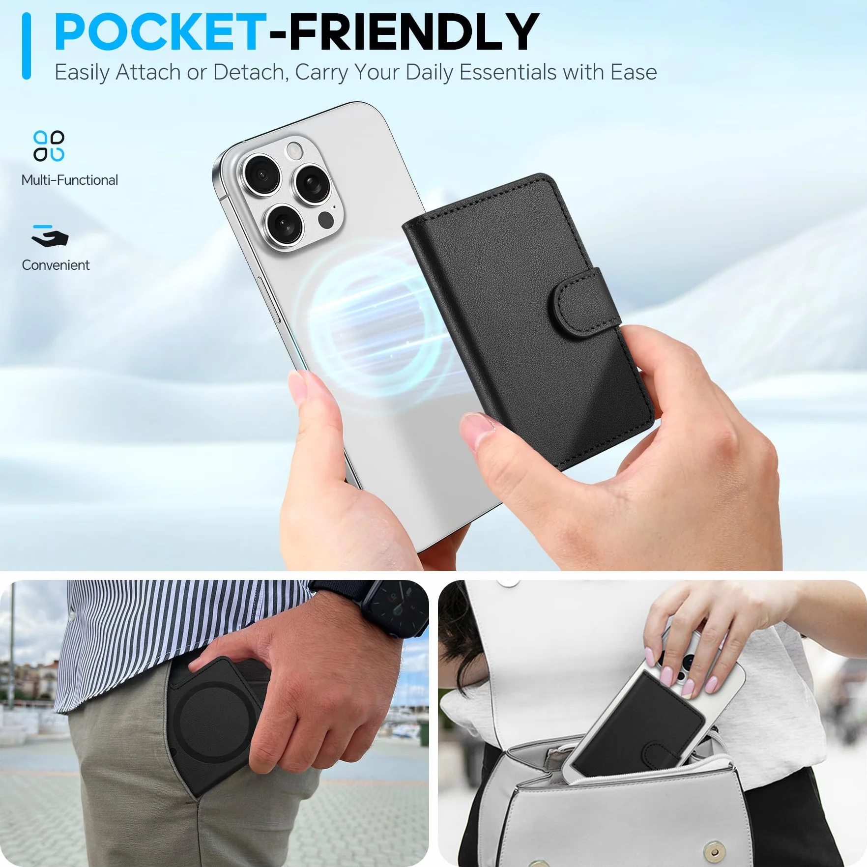 SHIELDON Porta Carte Adesivo Portafoglio Magnetico in Vera Pelle [Blocco RFID] [Slot per Carte] Porta-Carte Adesivi, Portafoglio Leather Phone Wallet per iPhone 16/15/14/13/12 – Nera