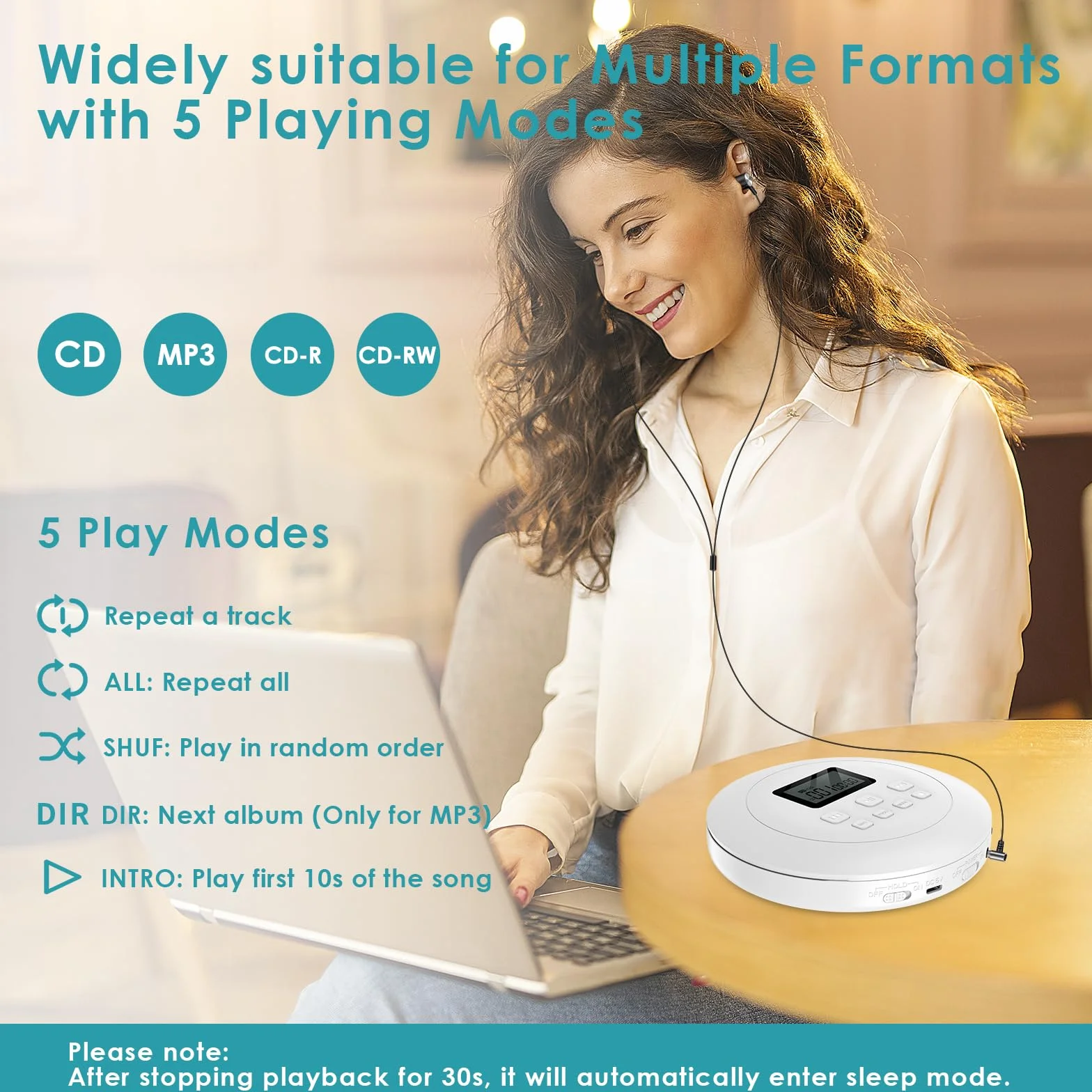 Gueray Lettore CD Portatile Hifi con display stereo cd Lettore CD con cuffie Supporto PROG ASP Funzione di memoria Funzione di ripetizione Effetto BASSO Bianco