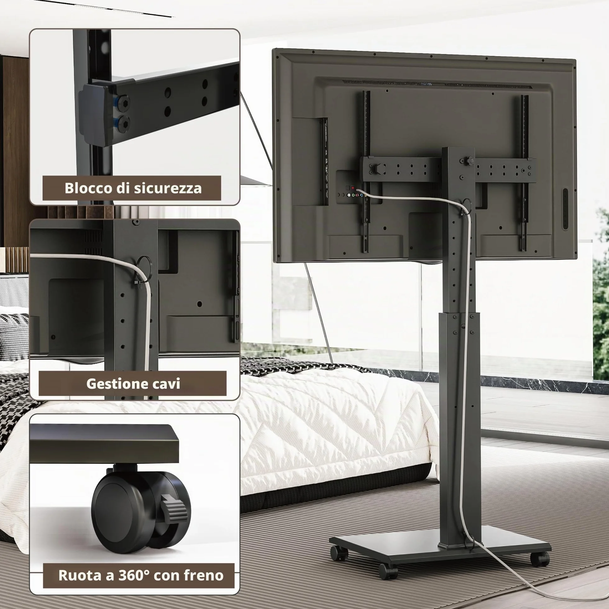 FITUEYES Carrello Porta TV con Ruote per 32-75 Pollici, Orizzontale e Verticale Supporto TV da Pavimento e Metallo Base, 40° Girevole & 7 Altezza Porta TV da Terra Max VESA 600x400mm Portata 40kg