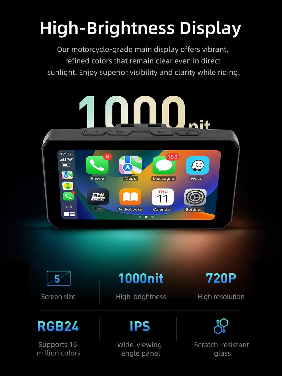 CHIGEE for AIO-5 Play for BMW Motorcycles, 3-Pin Interface, Plug-and-Play Smart Display with Apple CarPlay & Android Auto, 60FPS, IP68 Waterproof, Built-in GPS, Anti-Theft Alarm, Data Reading