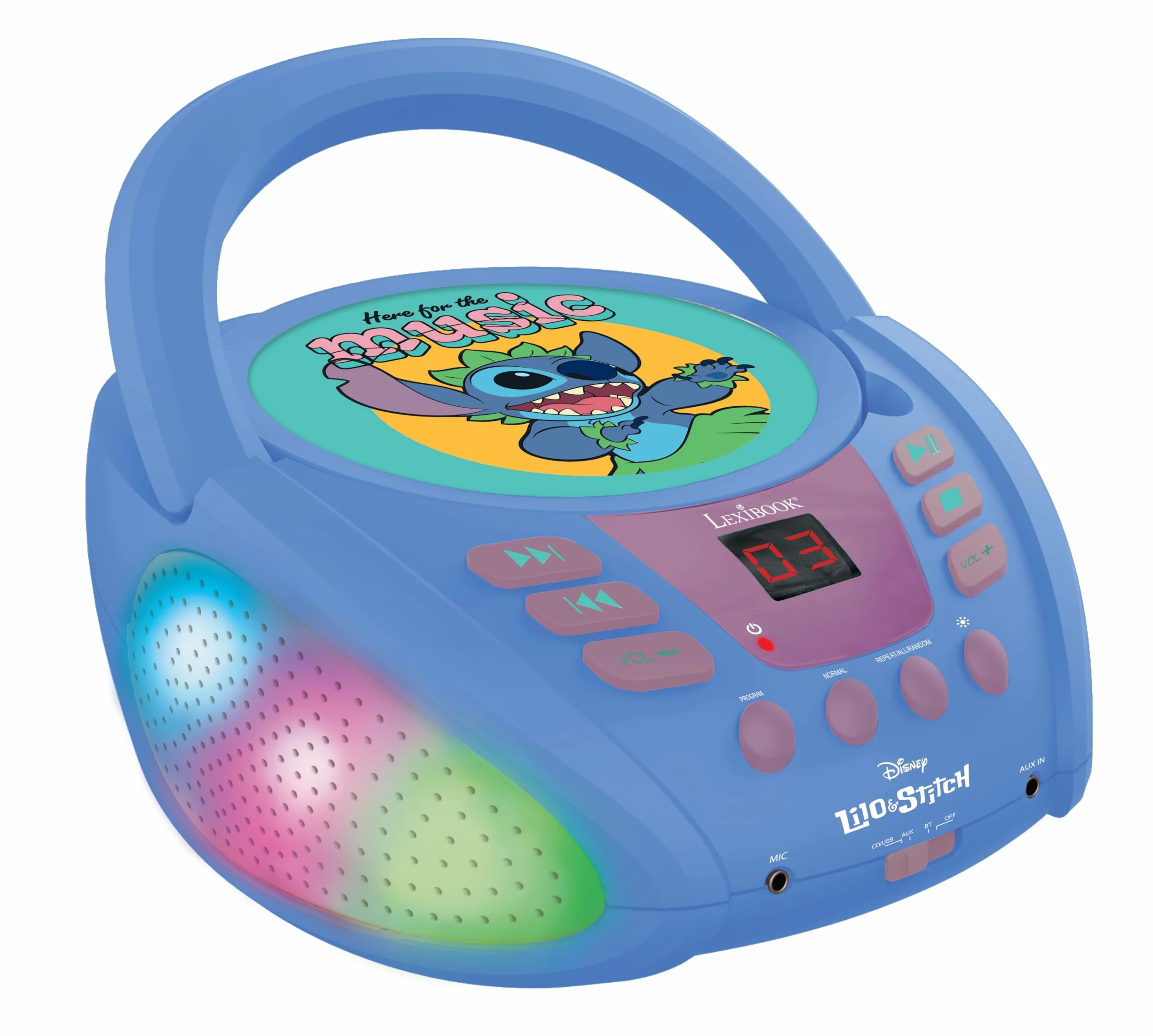 Lexibook - Disney Stitch - Lettore CD Bluetooth per bambini - Portatile, Effetti luminosi multicolore, Presa microfono, Presa Aux-in, Alimentazione a corrente alternata o a batteria, Blu, RCD109D