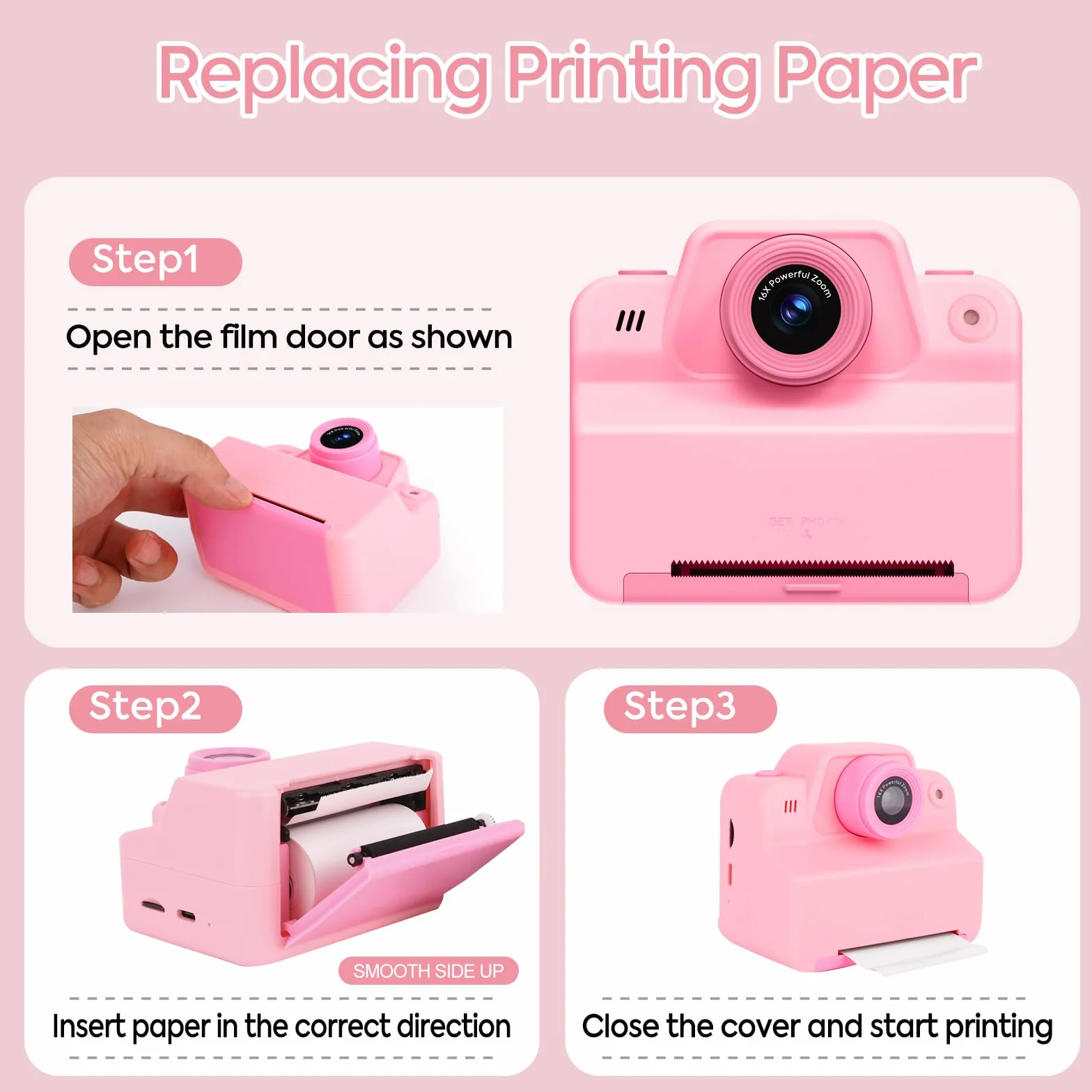 Fotocamera istantanea per bambini, con scheda SD e carta da stampa, 1080P, fotocamera digitale per bambini, regalo di compleanno di Natale, per ragazzi e ragazze, 3-12 anni (rosa)