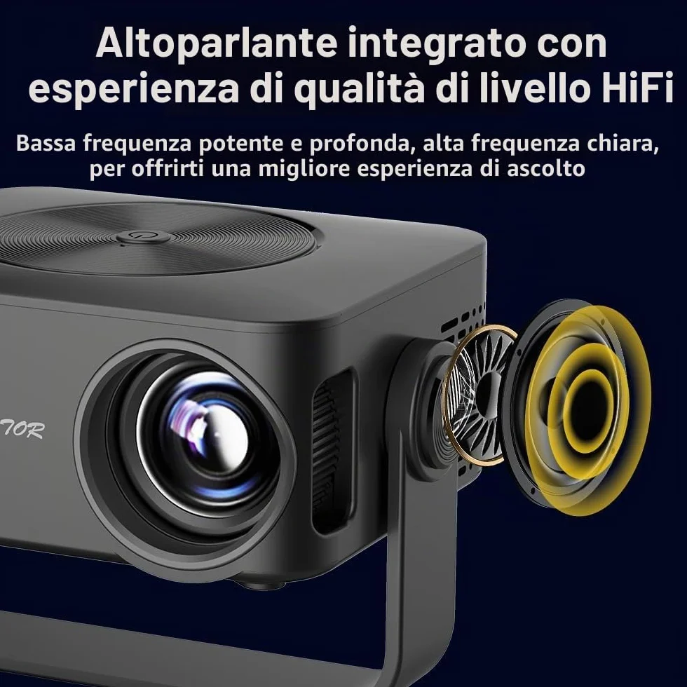 Mini Proiettore, 4K 1080P Proiettore Portatile con Zoom, Support WiFi Rotabile 360°, Video Projector TV Home Cinema per Cellulari Tablet/Laptop/PC/HDMI/USB(Nero)