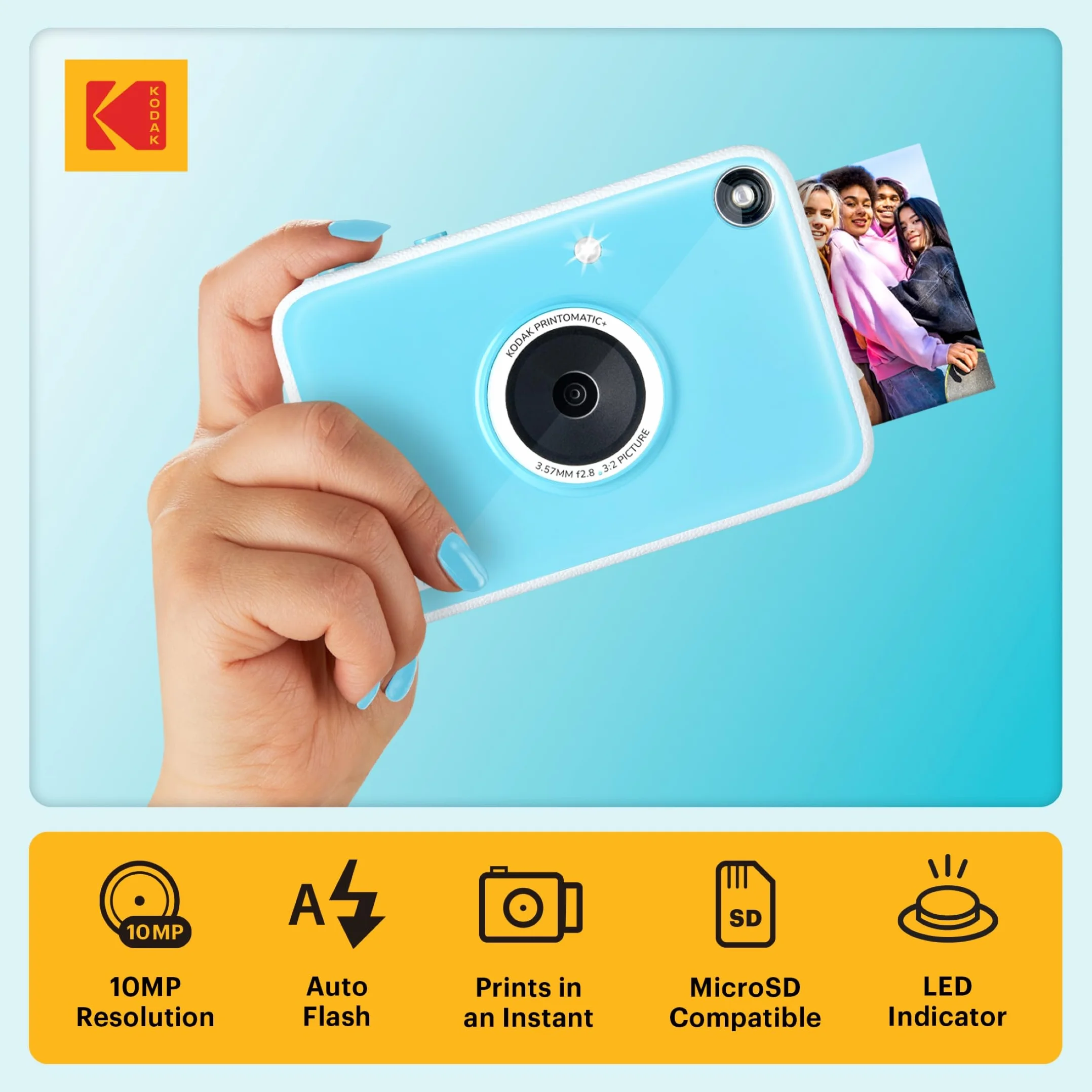KODAK Printomatic+ Fotocamera Digitale Istantanea 10MP con LED RGB, stampa foto a colori su carta Zink 2x3” – Blu