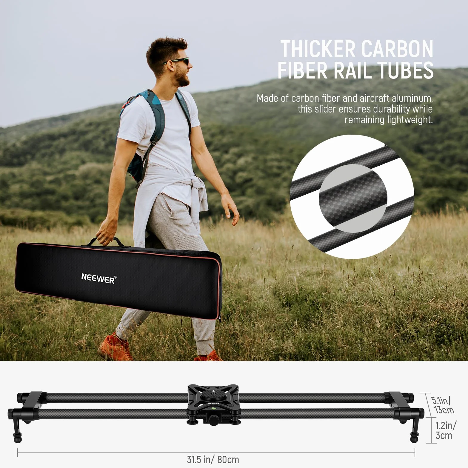 NEEWER 31,5"/80 cm in fibra di carbonio, dolly con tubo più spesso e supporto più stabile, 4 cuscinetti lisci precisi e livellamento per fotocamere DSLR, carico massimo 8 kg, CS80CM