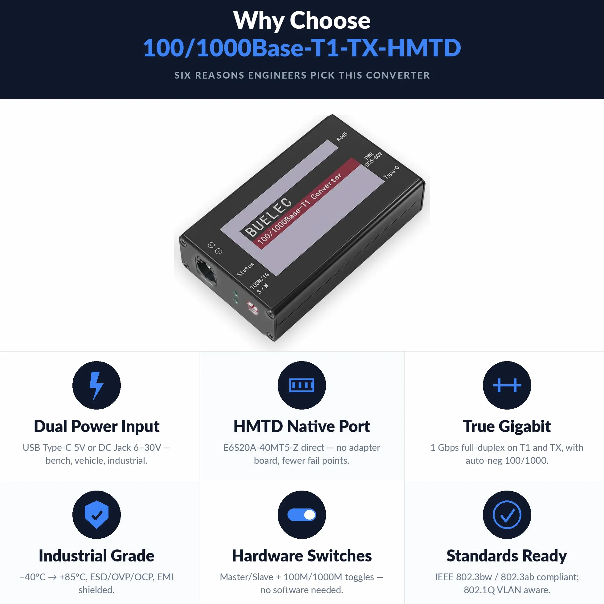 100/1000Base-T1-TX-HMDT Automotive Ethernet Media Converter - Adattatore 100/1000BASE-T1 to TX, Marvell 88Q2112 & Realtek RTL8211FI Phy, H-MDT Connector, Industrial Grade Type-C/DC Power