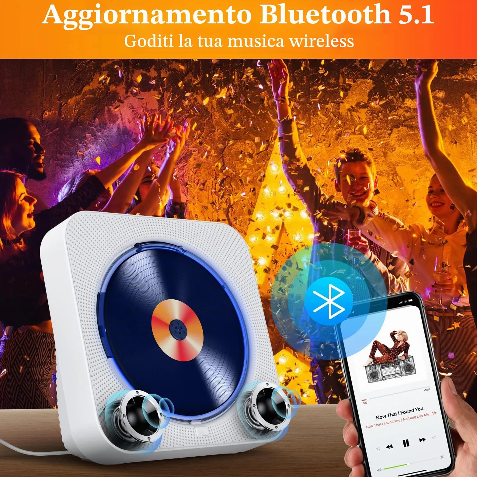 Lettore CD Bluetooth 5.1 Lettore CD da tavolo con 5W Doppi Altoparlanti Luce Telecomando Copertura Della Polvere Display FM Radio Timer Cuffie USB/SD Card/AUX Playback