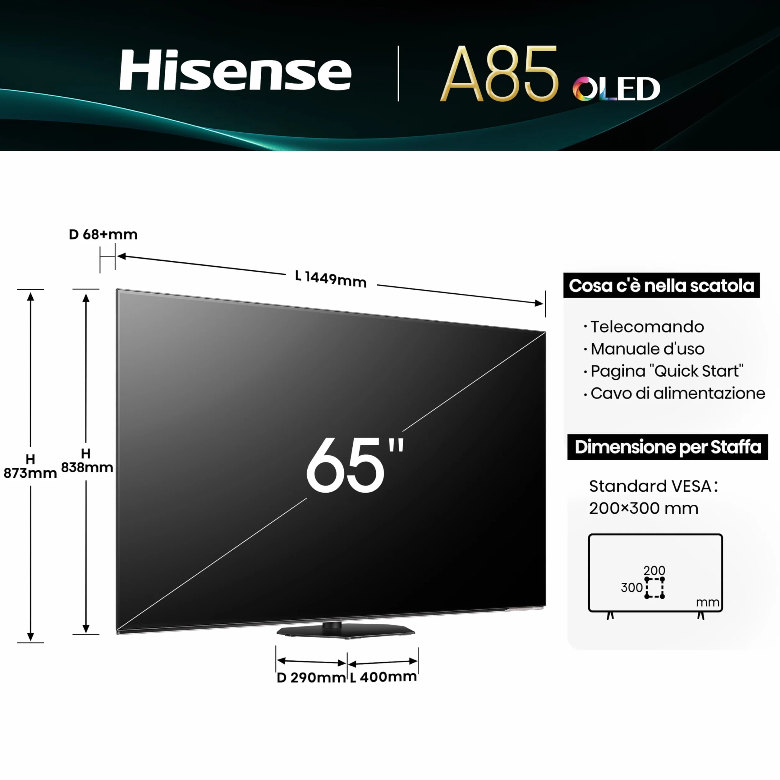 Hisense TV 65" OLED 4K 65A8DN Smart TV VIDAA U8 Dolby Vision IQ HDR 10+ 120Hz Game Mode PRO Dolby Atmos