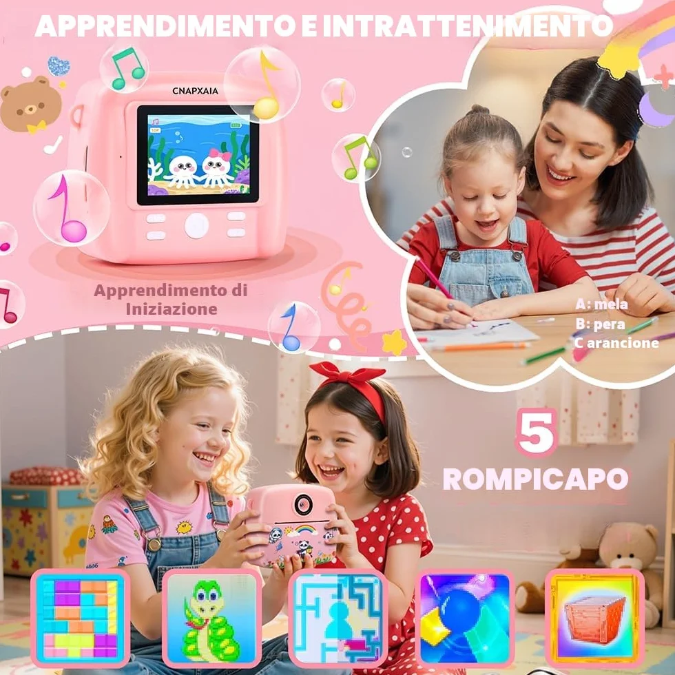 CNAPXAIA Macchina Fotografica Bambini Istantanea, 2,4" 1080P Fotocamera Digitale Bambini con 32 GB Scheda e 3 Rotoli di Carta da Stampa, Rosa