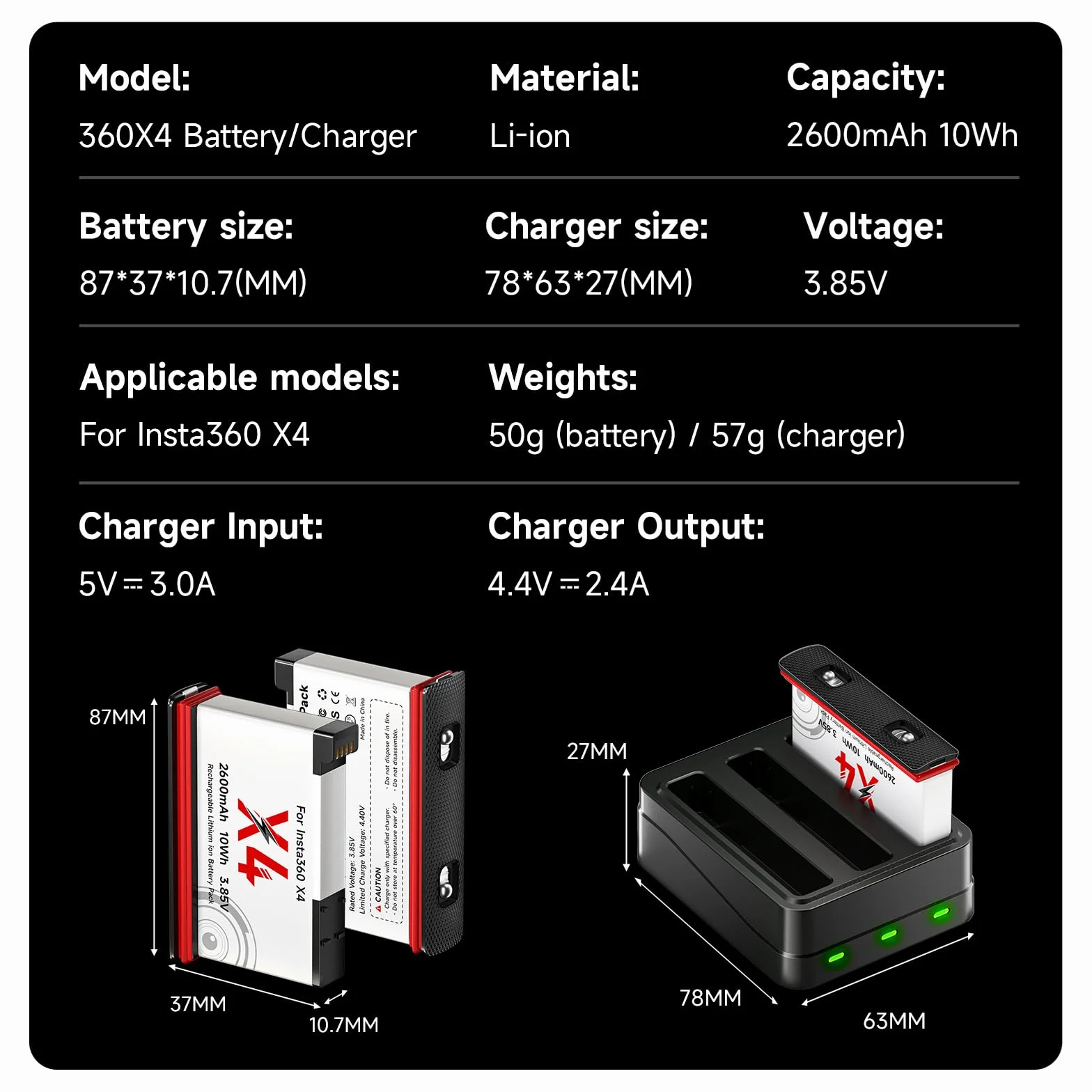 360X4 Batteria Caricabatterie Kit – 3Pcs batterie 2600mAh da 360 X4 e 3 canali LED X4 caricabatterie tipo C per fotocamera 360 One X4