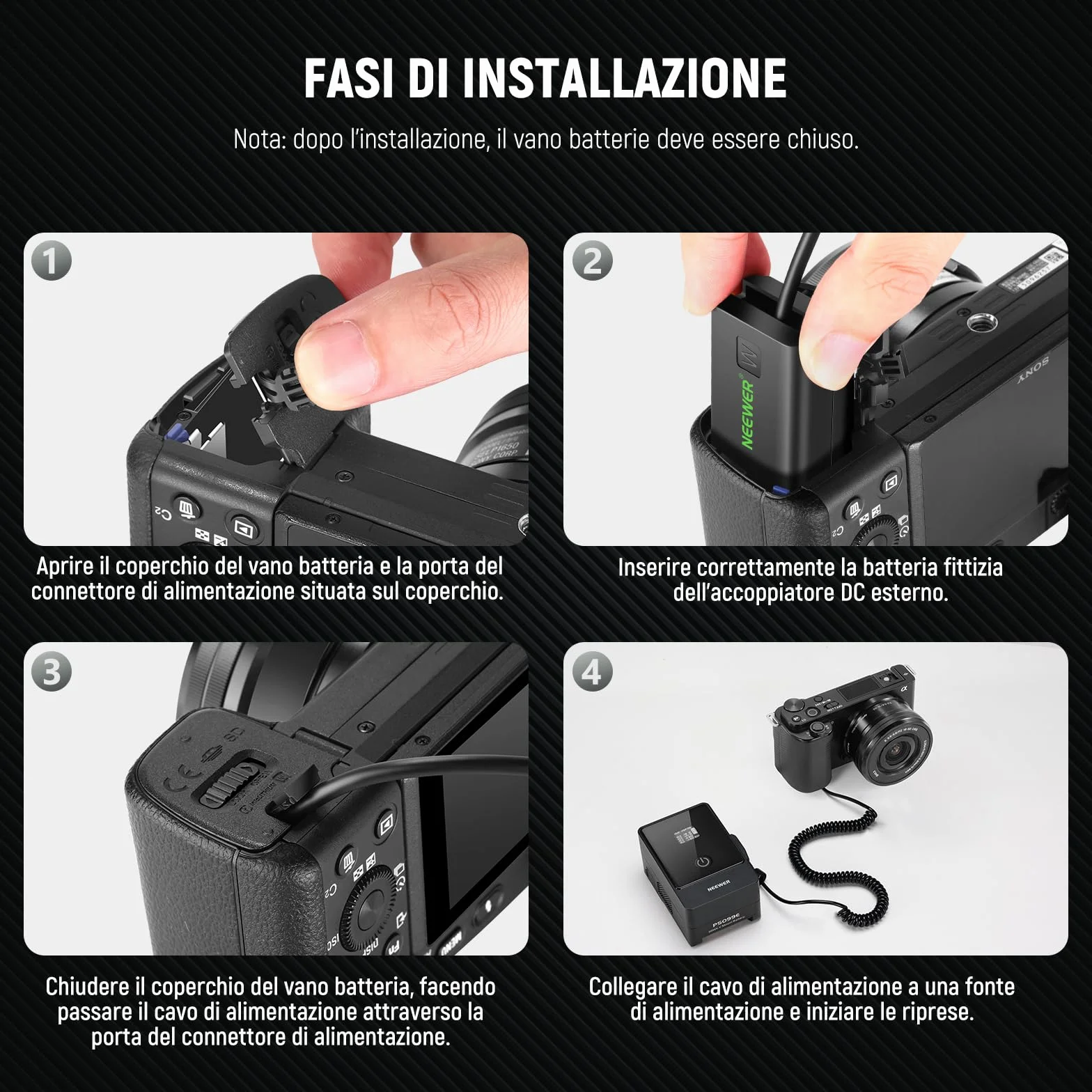 NEEWER D Tap a NP-FW50 Batteria Fittizia, Cavo per Batteria con Attacco a V, Alimentazione Continua Stabile per Sony ZV-E10 A3000 A5000 A5100 A6000 A6100 A6300 A6400 A6500 A7 II A7R II A7S II, VP-FW50