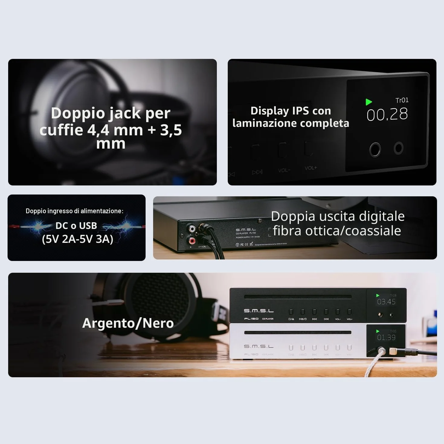 SMSL PL150 - Lettore CD Hi-Fi con decodifica DSD512, funzione DAC USB, ideale per Home Theater e audiofili