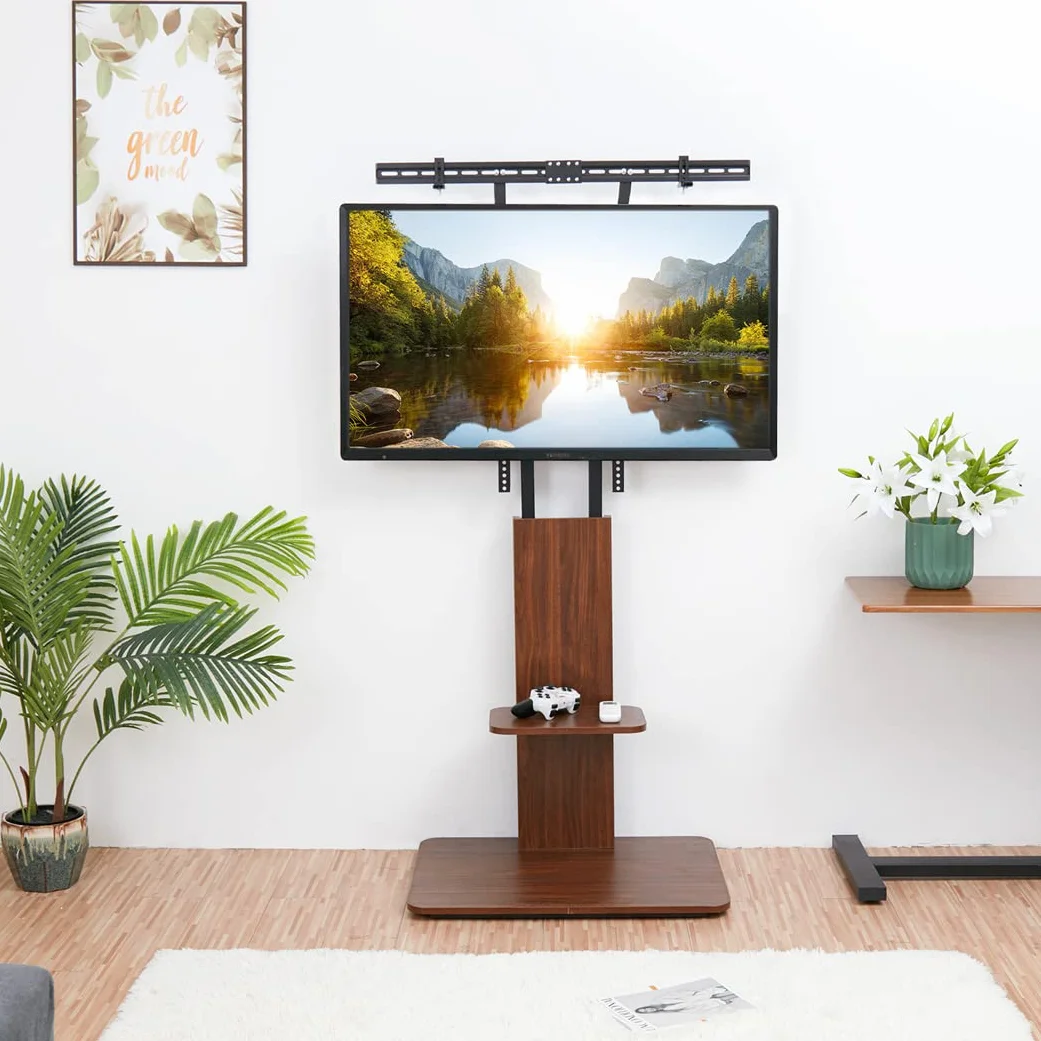 UNHO Supporto TV da Pavimento: Porta TV da Terra per Schermo 32-65 Pollici LED LCD Piedistallo TV con Staffa, 2 Ripiani in legno, Max VESA 600x400 mm, Fino a 40 kg