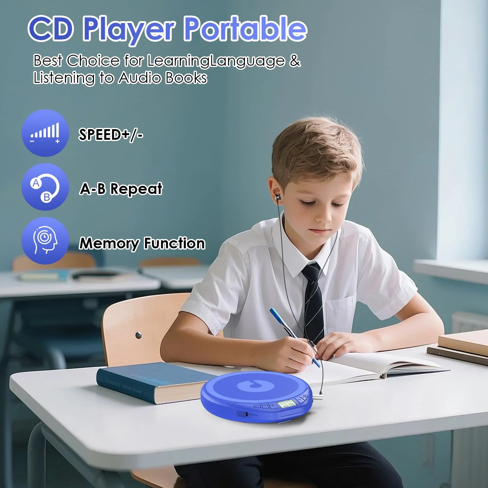 Gueray Lettore CD portatile Dsicman: con auricolari per auto con anti-skip antiurto con display LCD Supporto funzione di ripetizione memoria PROG (blu)