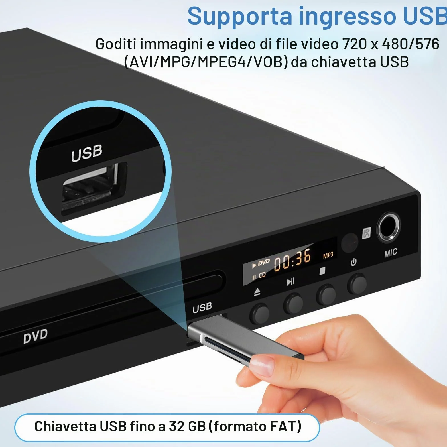 Lettore DVD 170 con porta scart 1080P HD senza regioni con uscita HDMI, uscita AV, sistema TV PAL NTSC, supporto ingresso MIC, ingresso USB (con scart)