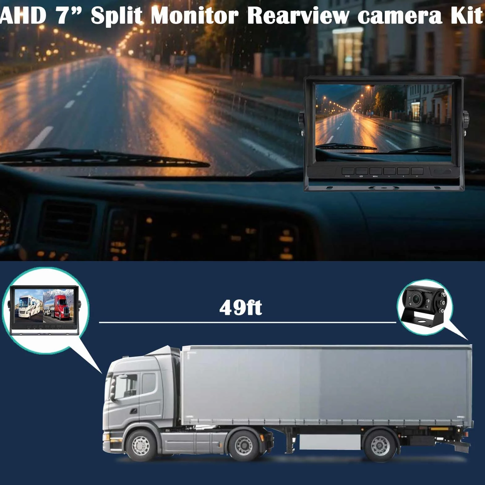 Telecamera posteriore AHD 1080p per veicoli e camion con monitor a 2 schermi divisi da 17,8 cm, 2 telecamere di retromarcia impermeabili per visione notturna con cavo da 15 m per semirimorchio, camper
