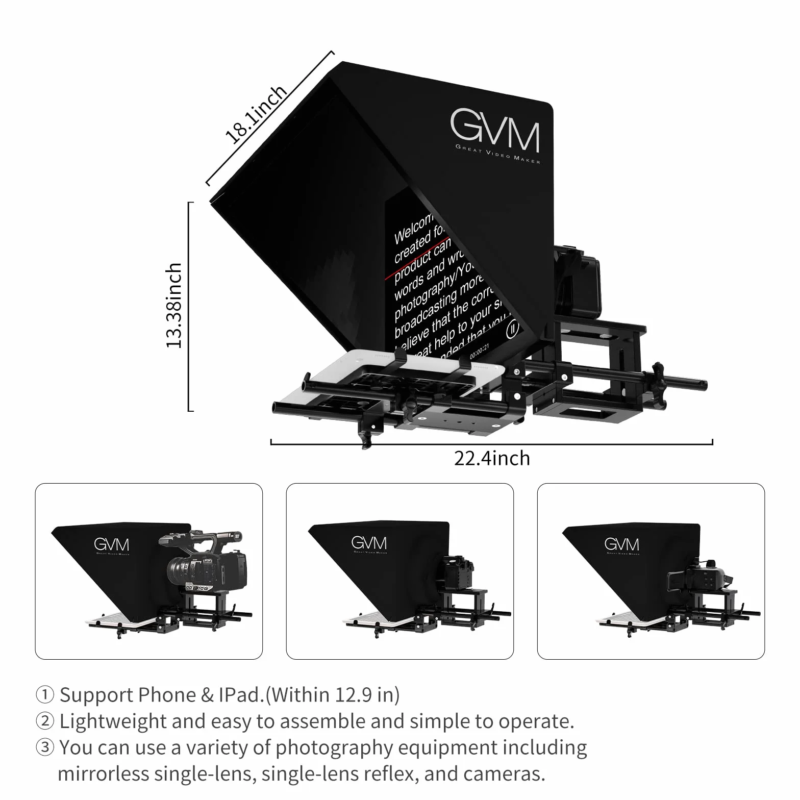 GVM Teleprompter da 18 pollici per telefono, iPad, tablet, fotocamera DSLR, kit di teleprompter in lega di alluminio solido con telecomando e app, obiettivo grandangolare ultra HD per