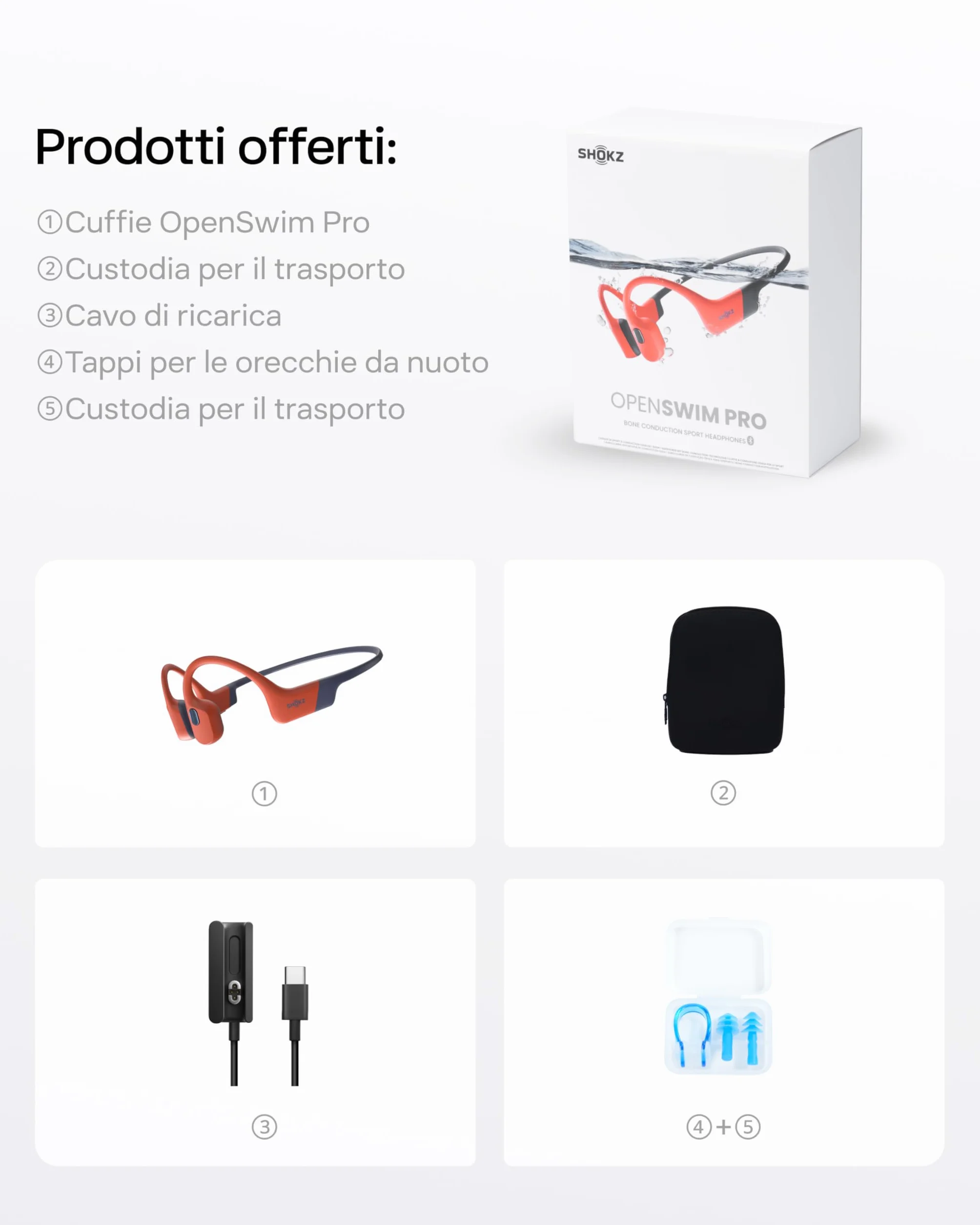 SHOKZ Cuffie sport a conduzione ossea OpenSwim Pro, auricolari wireless Open-Ear impermeabili IP68 con Bluetooth 5.4, 32 GB storage MP3, micr. con canc. rumore, 9 ore ripr. per corsa e nuoto, Rosso