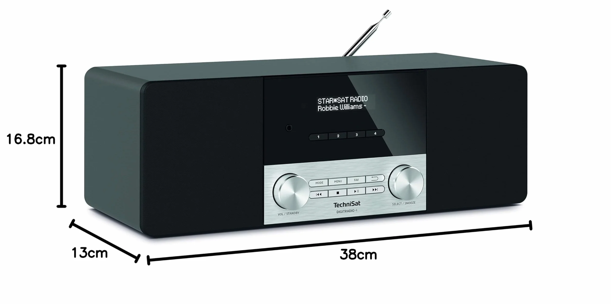 TechniSat DIGITRADIO 4 - Radio Stereo DAB (DAB+, FM, streaming audio Bluetooth (ricezione), connessione cuffie, ingresso AUX, sveglia radio, display OLED, 20 Watt RMS, altoparlanti Elac) nero