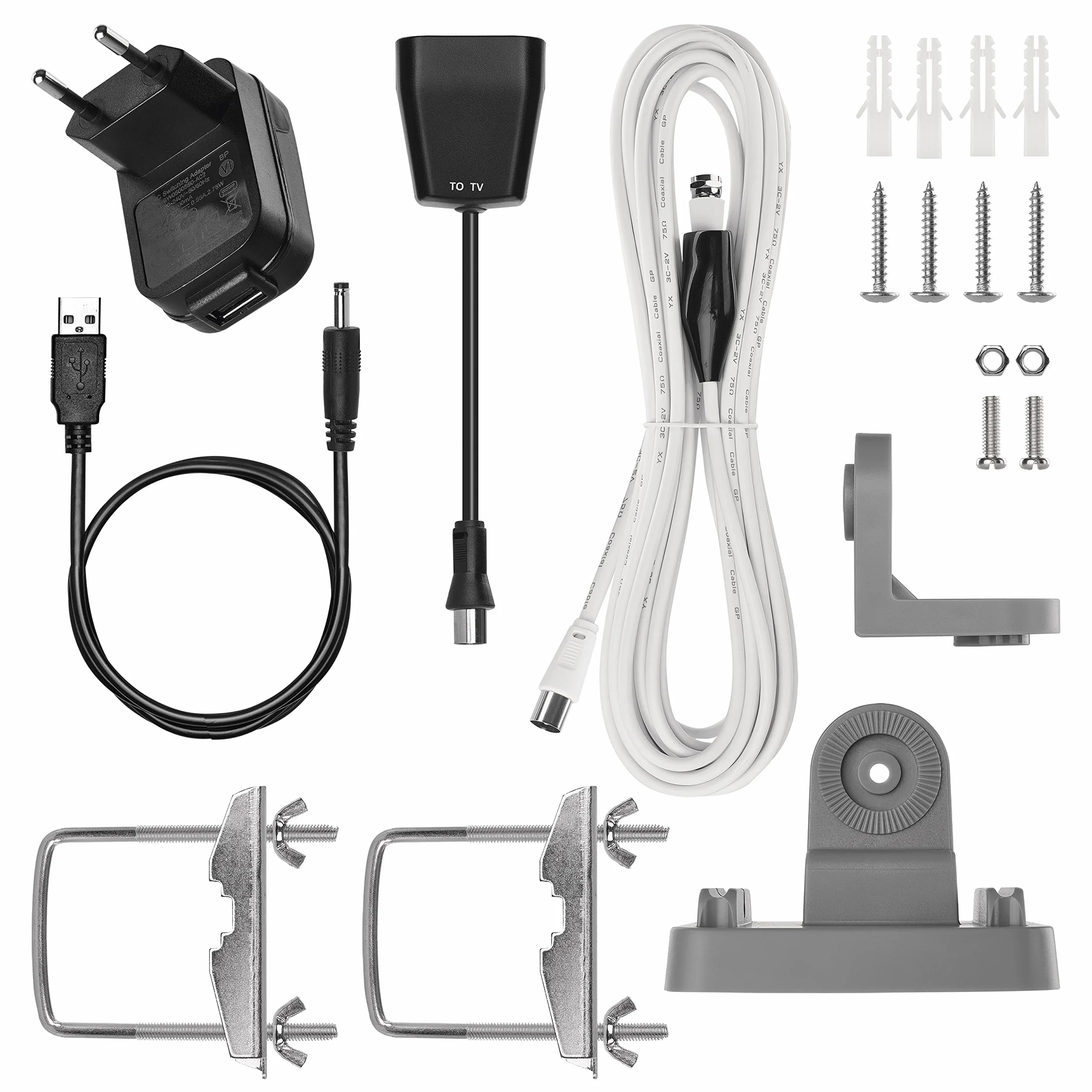 EMOS Antenna esterna con amplificatore per ricezione remota, VHF/UHF/DAB Outdoor TV Antenna per TV DVB-T/DVB-T2, portata 0-80 km, filtro di blocco LTE integrato, filtro 4G, 5G