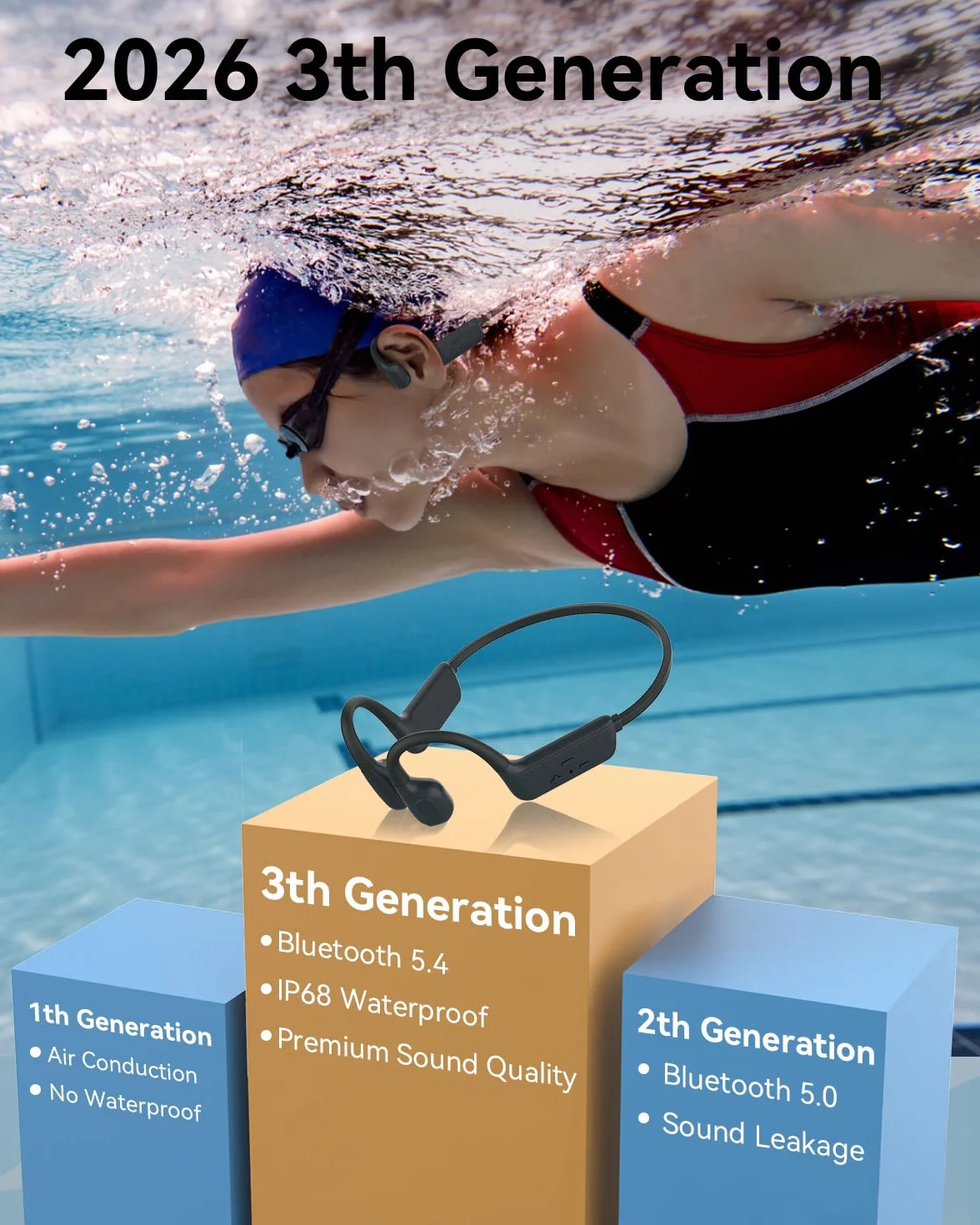 MONODEAL Cuffie da nuoto IP68 impermeabili con suono osseo Bluetooth 5.4, cuffie Bone Conduction Headphones con memoria lettore MP3 da 8 GB, cuffie aperte per nuoto corsa