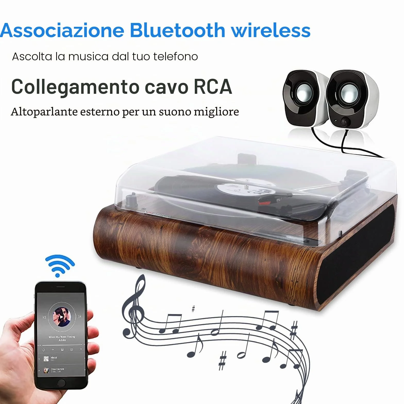 Vosterio Vinile Giradischi Bluetooth Portatile a Tre Velocità,Vintage con Altoparlanti Stereo Integrati, con Uscite RCA, Presa Cuffie, Radio FM, USB, Aux-in e display a LED
