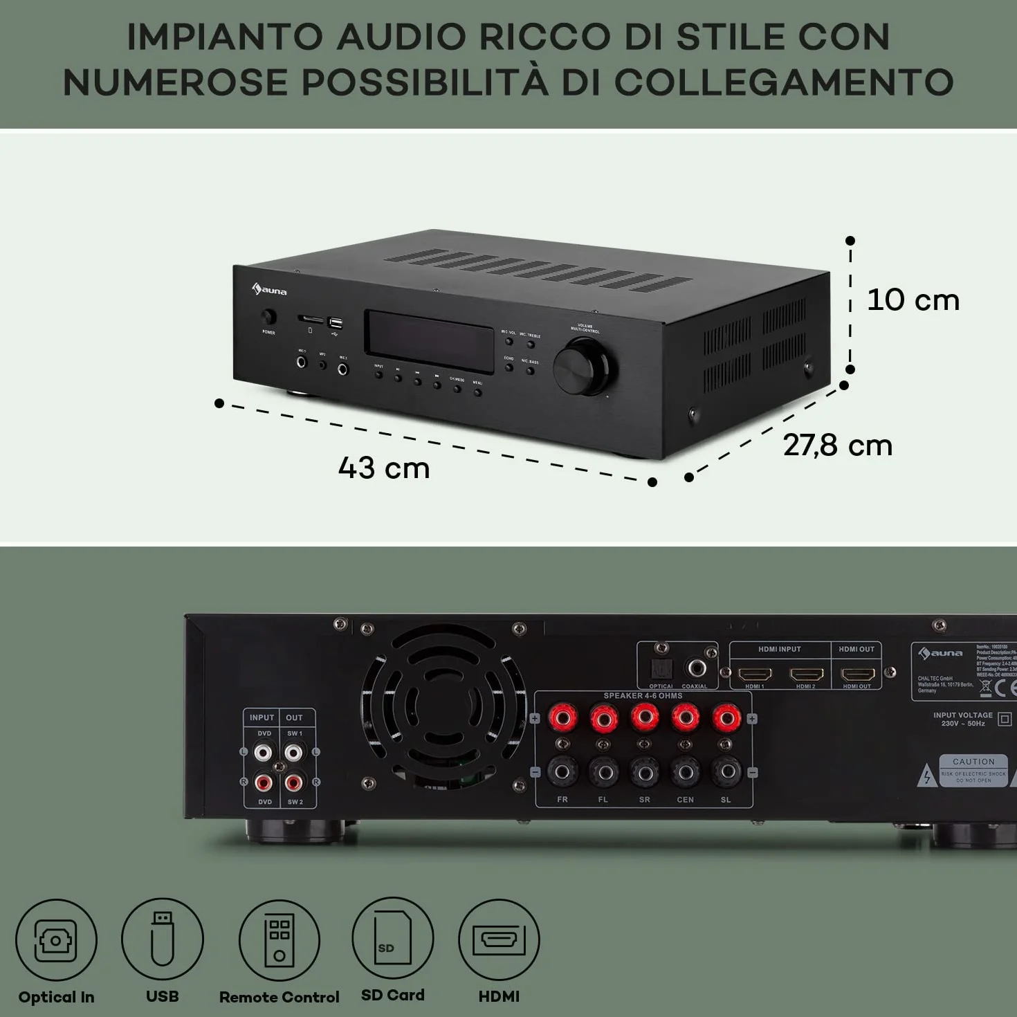 AUNA AMP-H260 5.1 - Amplificatore Receiver Equalizzatore, 2x100 Watt + 3x20 Watt RMS, Bluetooth, Porta USB, Slot SD, Digital-In Ottico & Coassiale, 2 x HDMI-In/1 x HDMI-Out, Nero
