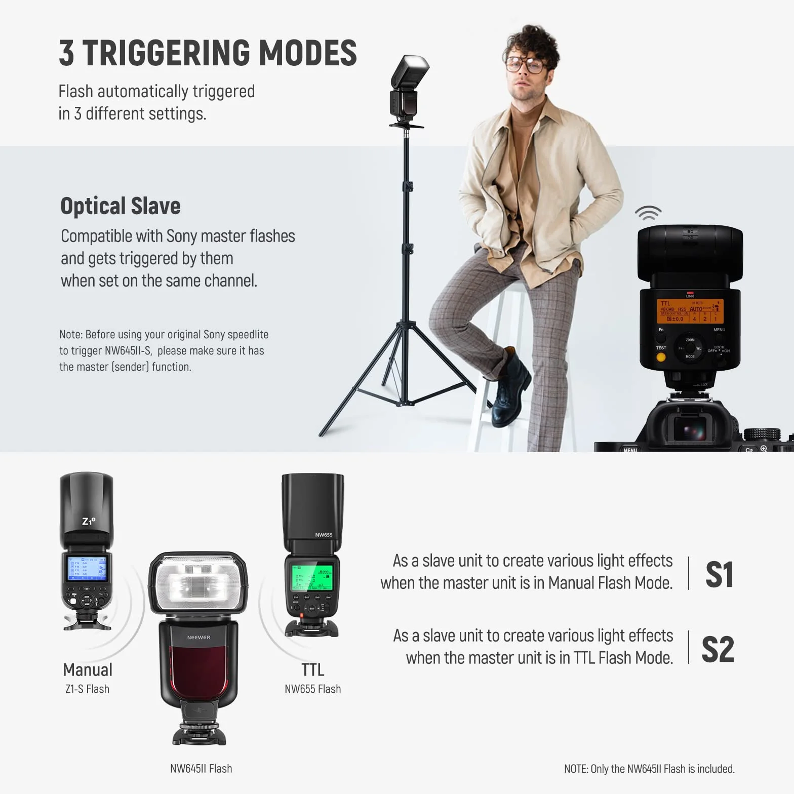 NEEWER NW645II-S Flash Speedlite TTL Aggiornato, GN58 HSS Slave Ottico Sincronizzazione della Tendina Posteriore Compatibile con Sony A9 II A9 A7R V IV III II A7 IV III A7S III II A7C A1 A6600 ecc..