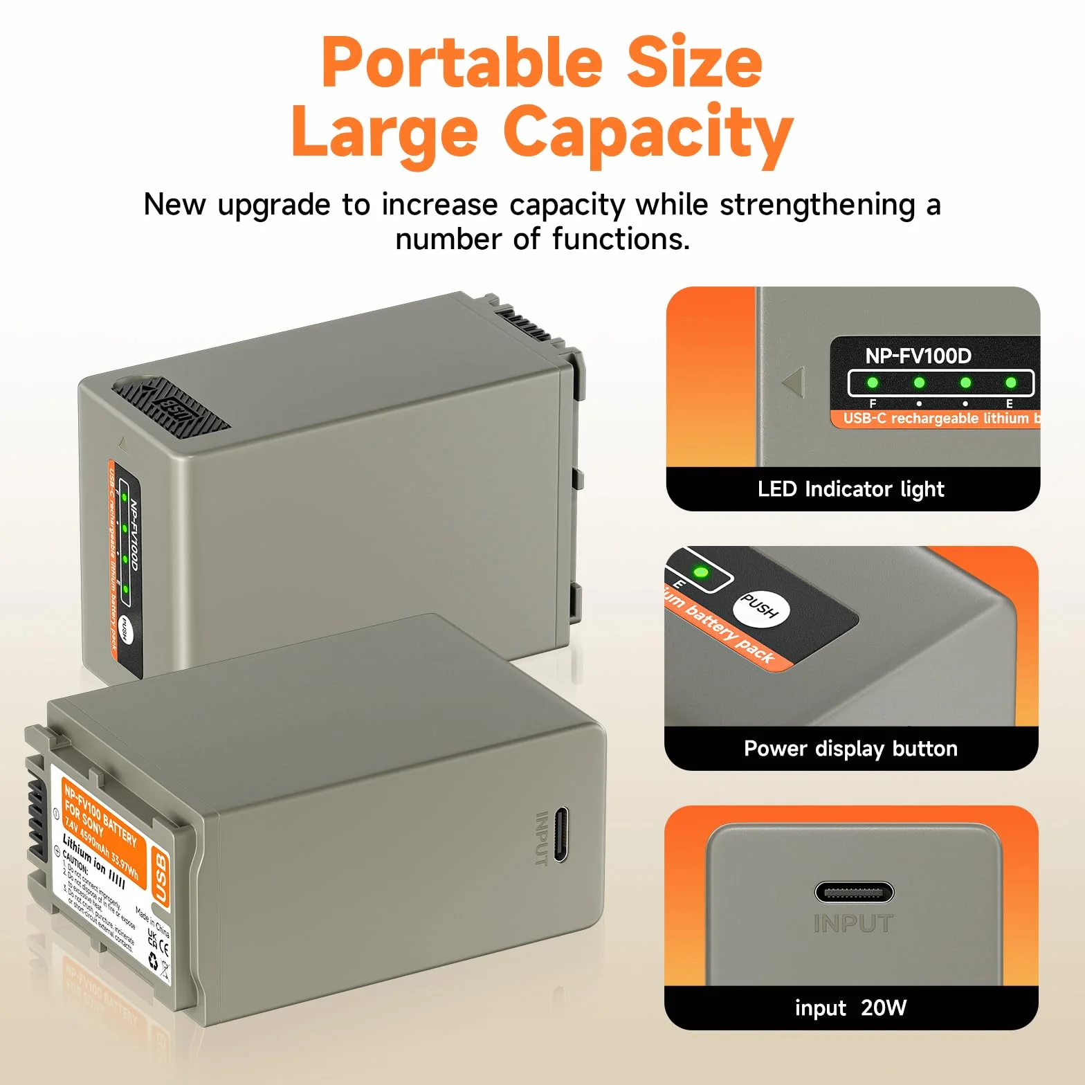 NP-FV100 USB-C batteria 4590mAh 2 pezzi per Sony NP-FH100 FH90 FH70 FH60 HDR-CX455 CX675 CX290 CX330 CX380 CX430V CX580V CX760V CX900 PJ540 PJ580V PJ670 PJ710V PJ 7 60V PV790V PJ810