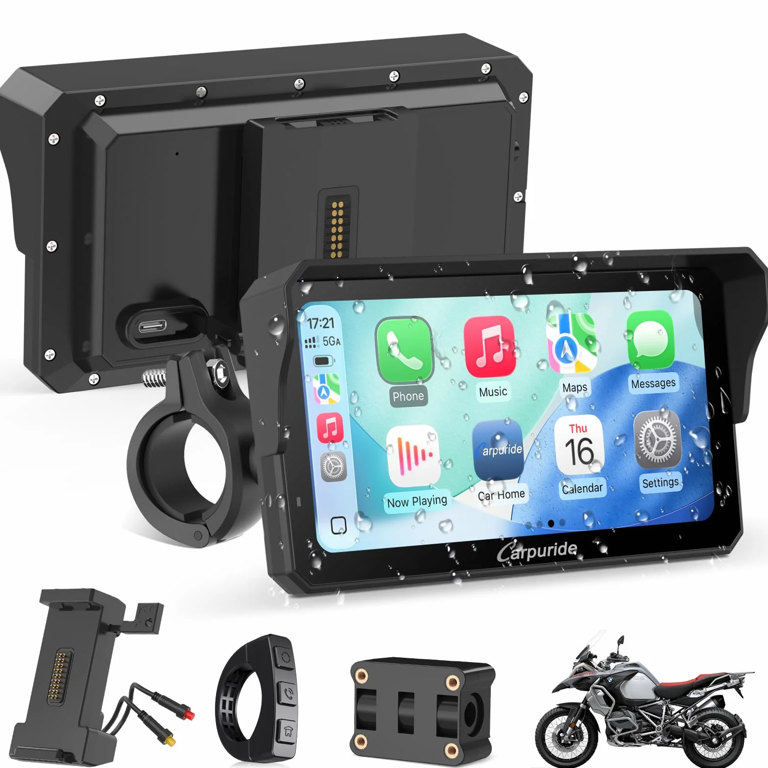 Carpuride W602S Pro Moto Carplay Schermo con BM05 per Plug-and-Play, Senza Fili CarPlay e Android Auto, 6,25" Impermeabile Touchscreen, OTA, Doppio Bluetooth, Interfono Funzione, Cablato Controller.