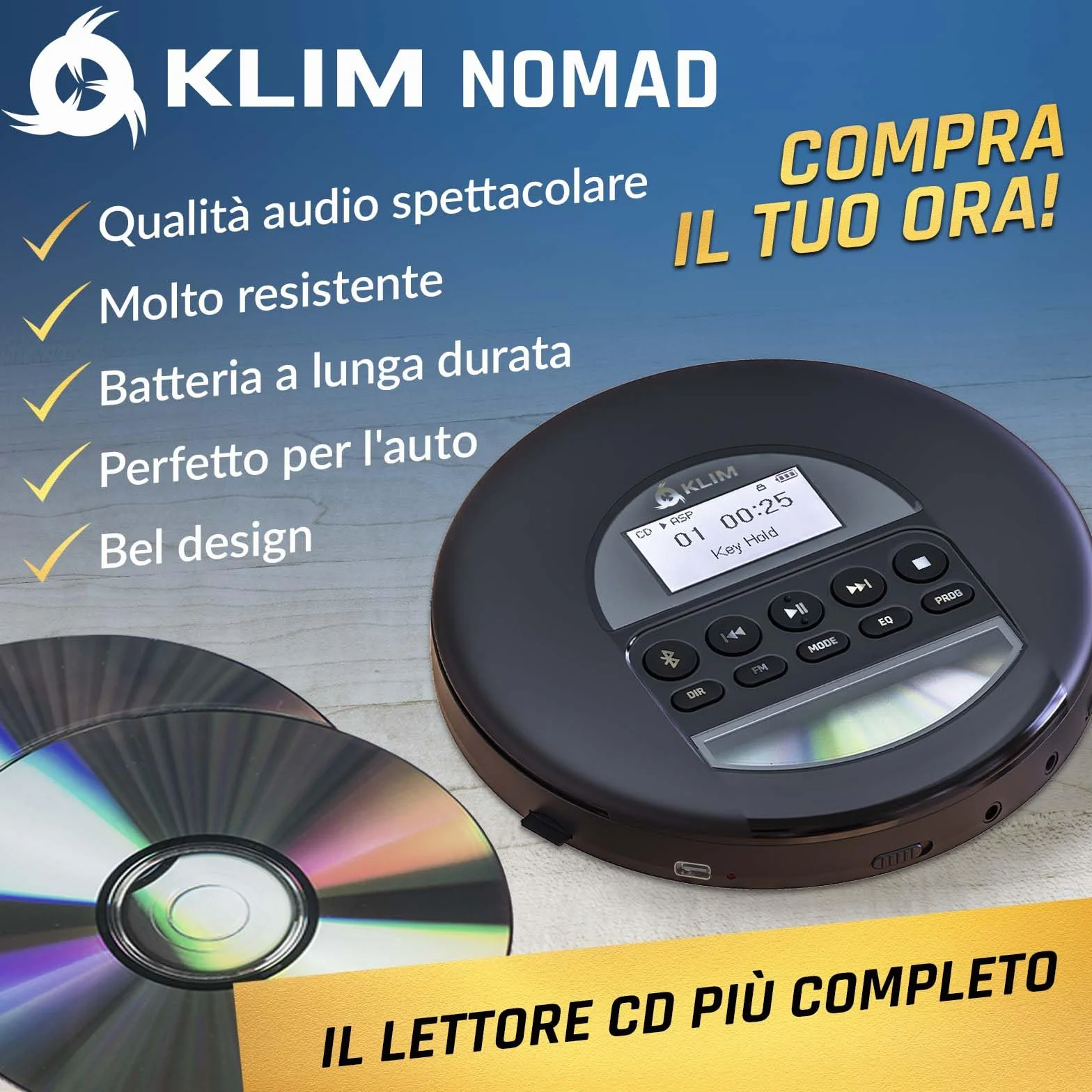 KLIM Nomad - Lettore CD Portatile - Batteria a Lunga Durata - Include Auricolari KLIM Fusion - Compatibile con CDR, CDRW, MP3 - Lettore SD, Radio FM, Bluetooth - Ideale per Auto - Hi-Fi - Argento