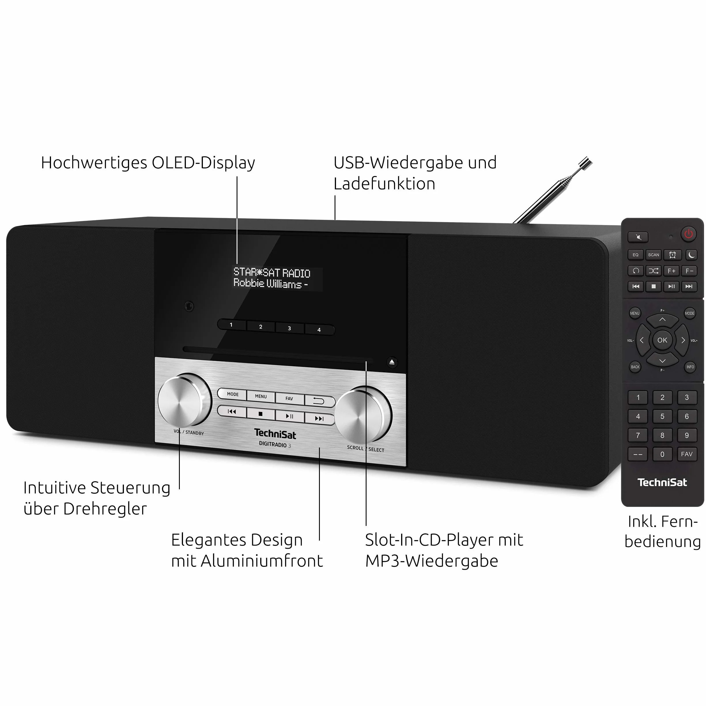 TechniSat DIGITRADIO 3 - Radio Stereo DAB, Impianto compatto (DAB+, VHF, Lettore CD, Bluetooth, USB, Ingresso per cuffie, Ingresso AUX, Radiosveglia, Display OLED, 20 Watt RMS), Nero
