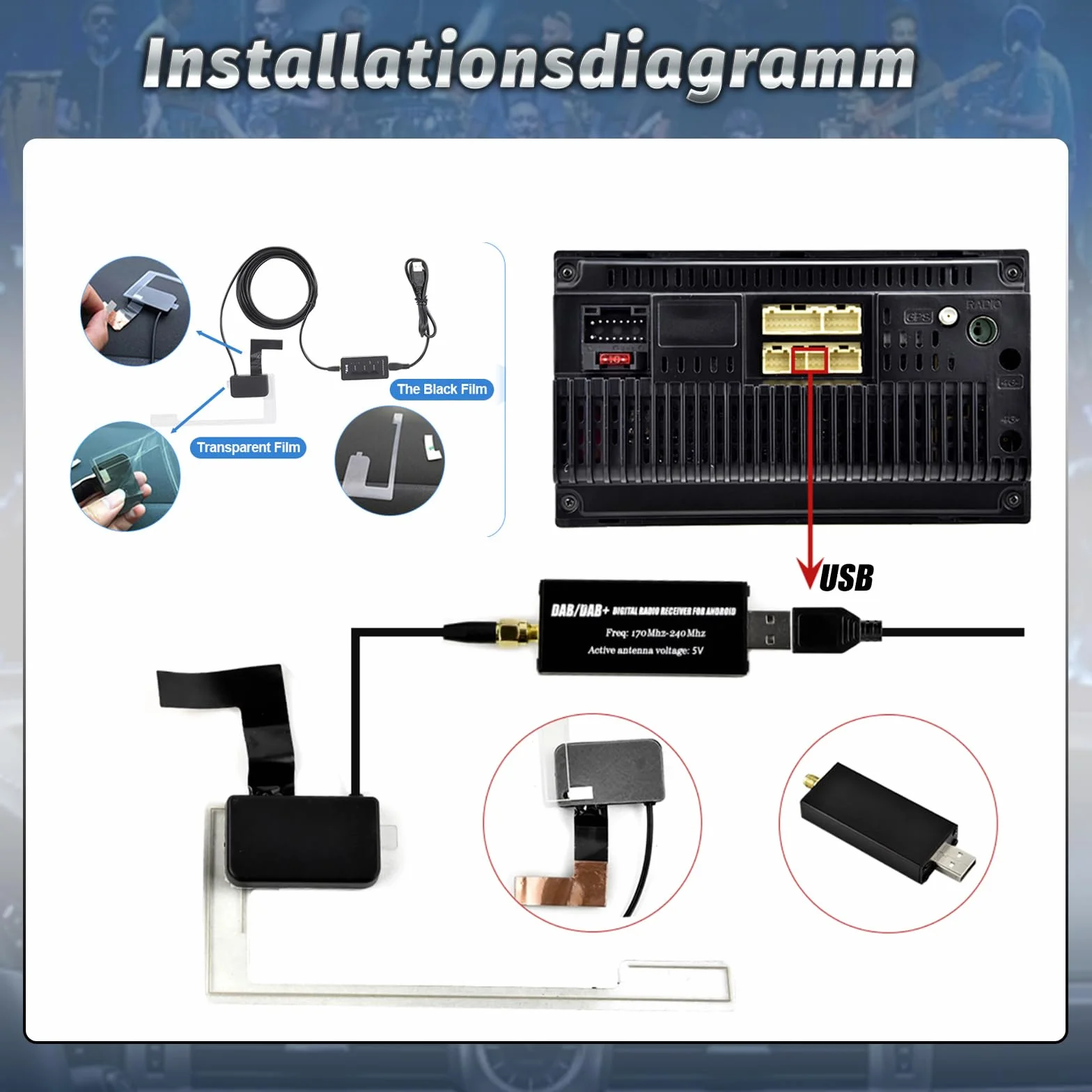 DAB Adattatore per Autoradio Android, Ricevitore Digitale DAB+ USB con Antenna Universale, Tuner Box con App, Facile Installazione Plug and Play