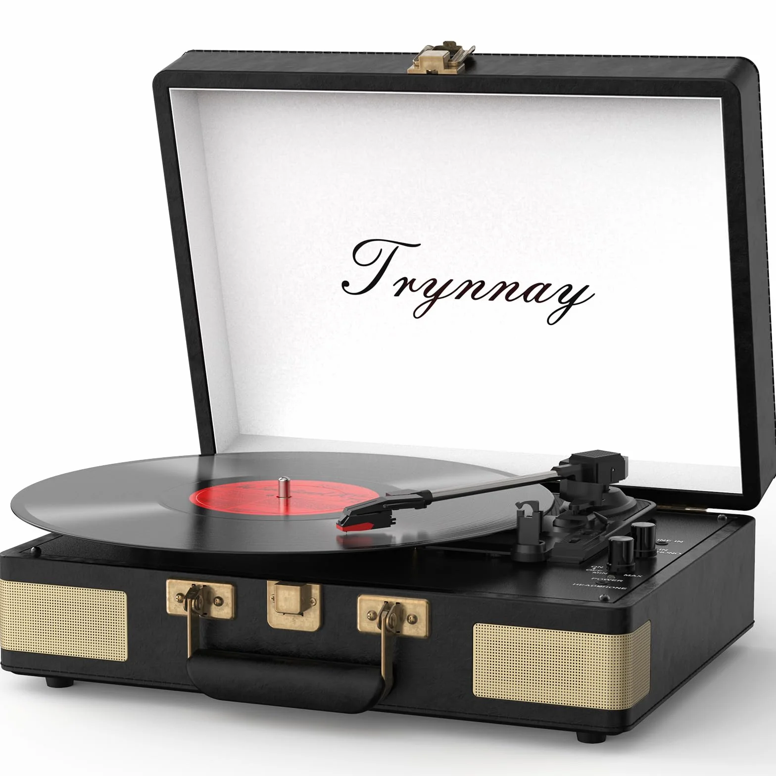 Giradischi a 3 marce portatile in vinile con altoparlanti integrati, pelle PU, nero vintage