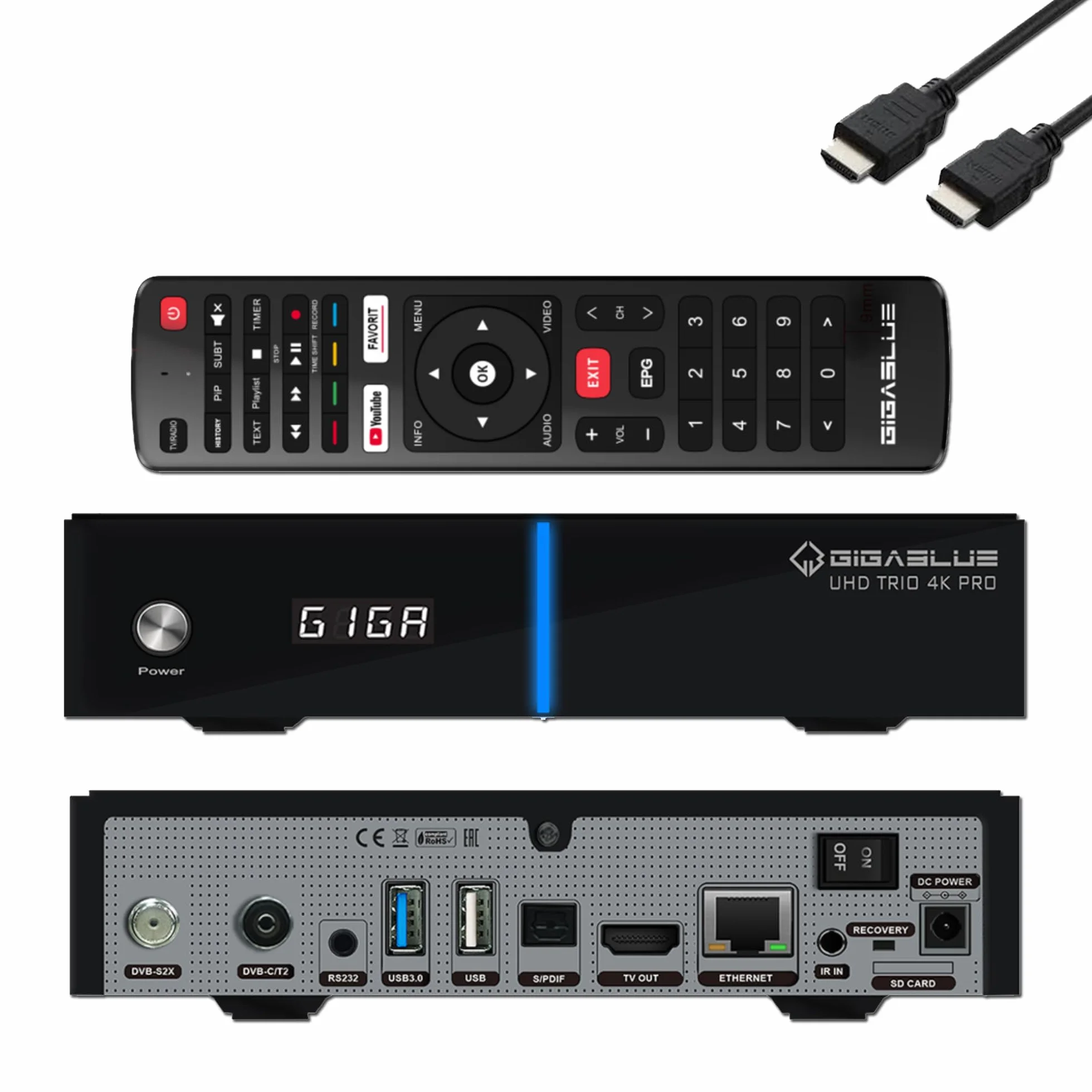 GigaBlue UHD Trio 4K PRO – 1 x DVB-S2X MS + 1 x DVB-C/T2 ricevitore comb. sat., cavo/segnale T2, E2 Linux TV Smart TV Box, riprod. multimed., funz. PVR, 1200Mbps WiFi, HTS