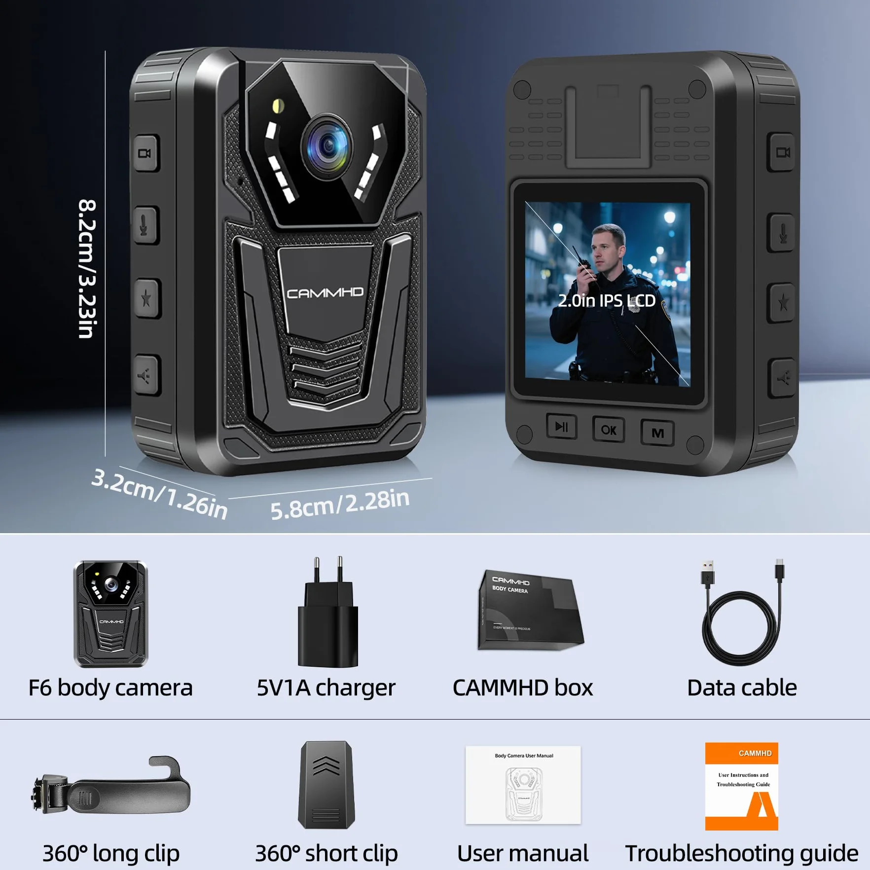 CAMMHD F6 4K Bodycam 32G 2160P Videocamera per Forze dell'Ordine Visione Notturna Autonomia 12-14 Ore Adatta per Polizia Personale di Sicurezza Lavoratori Edili e Uso Personale