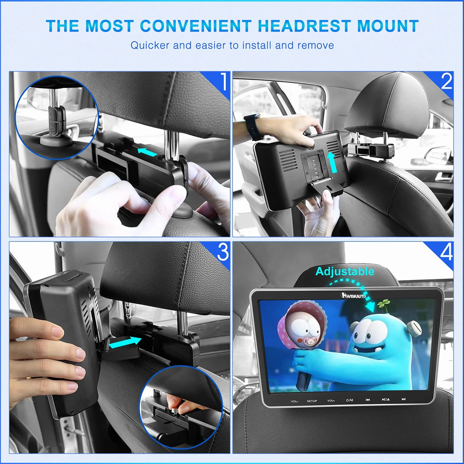 NAVISKAUTO Lettore DVD da Poggiatesta per Auto da 10,1" Supporta HDMI/Regione free/USB/SD/AV-in/AV-out/cavo AUX, 18 Mesi di Garanzia