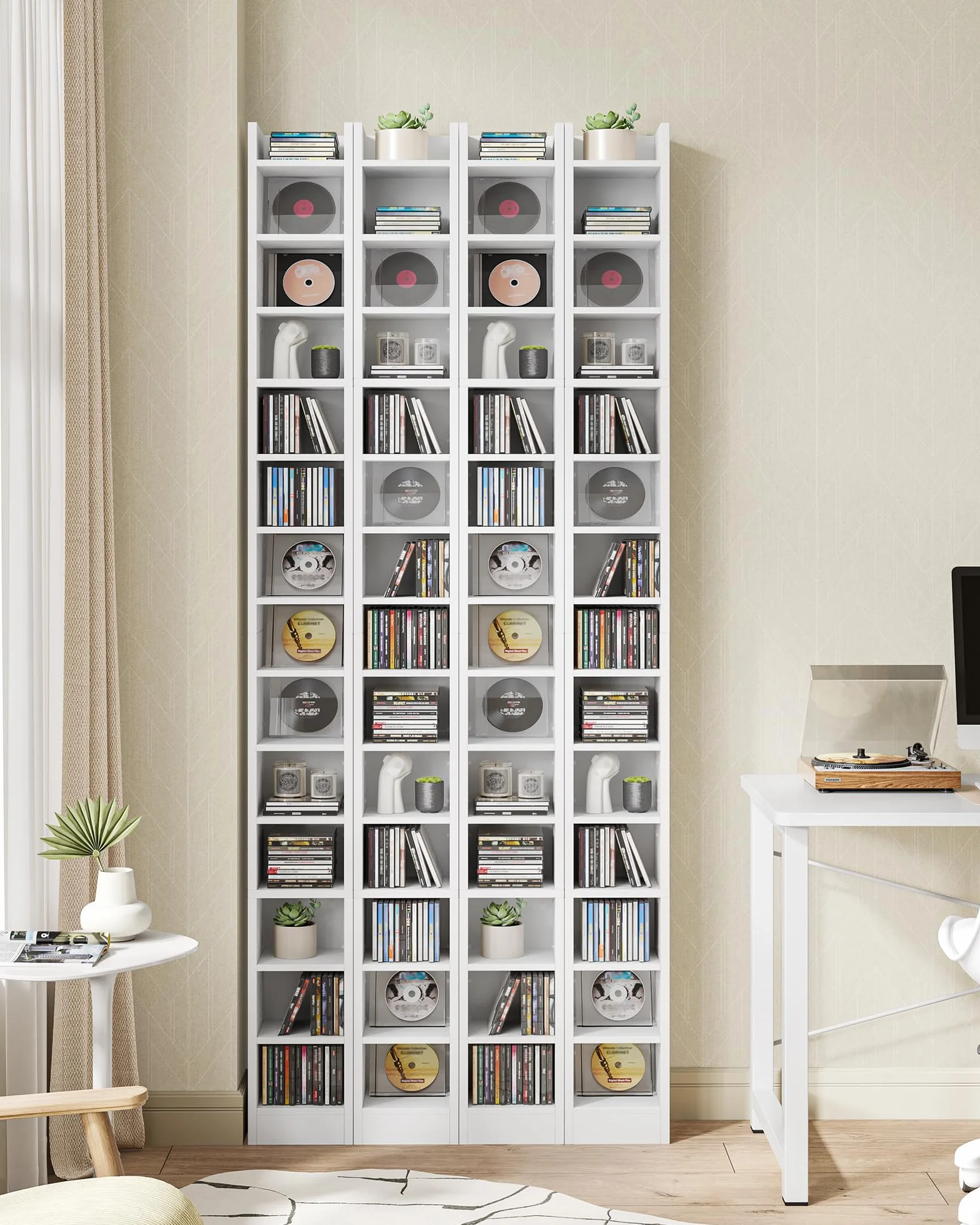 Hzuaneri Porta CD DVD a Colonna, 272 CD, 14 Ripiani Regolabili, Supporto di Archiviazione, 17 x 20 x 213 cm, Mobile Libreria Alto Salvaspazio per Soggiorno, Studio, Bianco CR21403XV1
