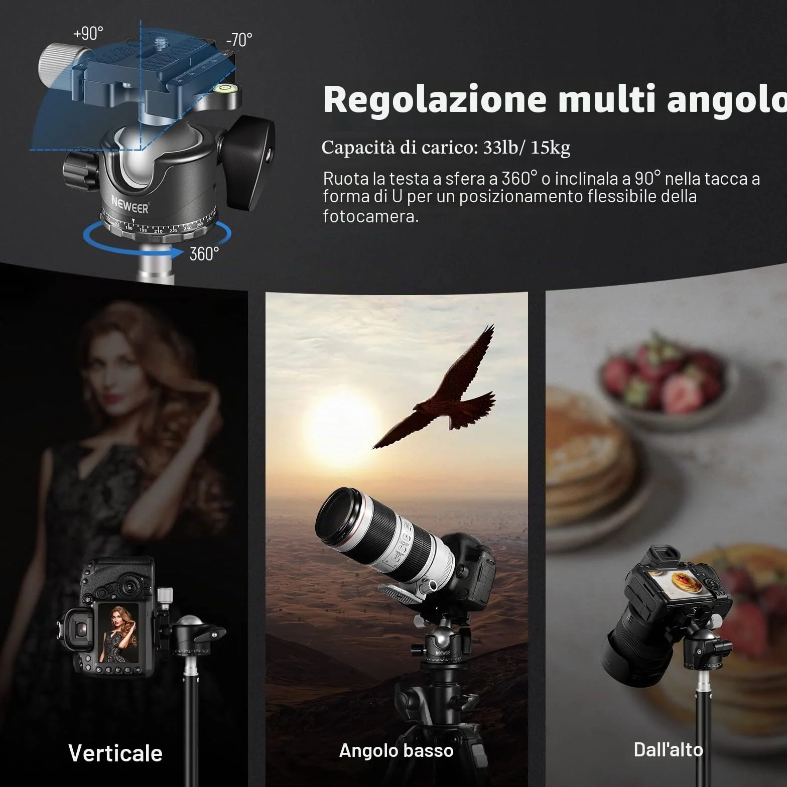 NEEWER Testa Sfera per Treppiede a Basso Profilo, Testa Sferica in Metallo da 36mm Compatibile con Piastra a Sgancio Rapido Arca da 1/4" per Treppiede Monopiede Slider Videocamera DSLR, Max 15kg, GM36