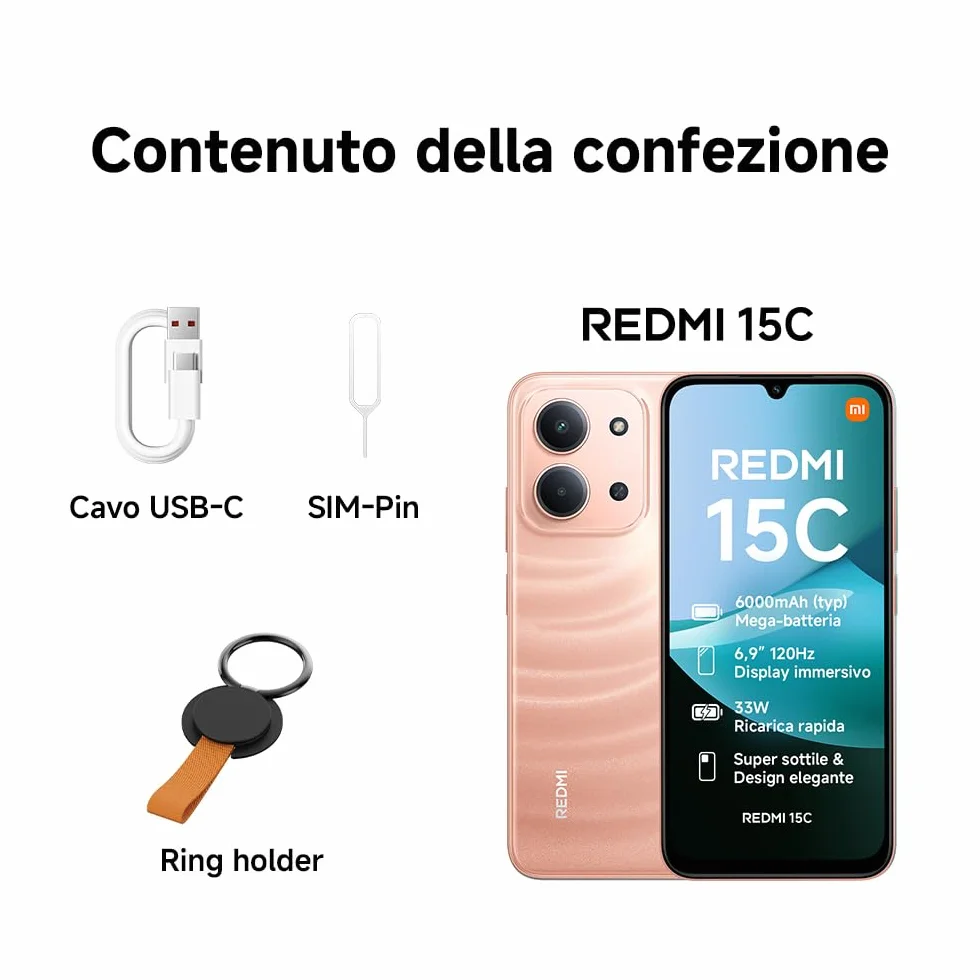 XIAOMI Redmi 15C, Garanzia 2 anni, Smartphone 4+256GB, Display 6,9" 120Hz, 7,99mm, MediaTek Helio G81-Ultra, Dual camera da 50MP, Mega batteria da 6000mAh, Nero, Caricabatterie non incluso