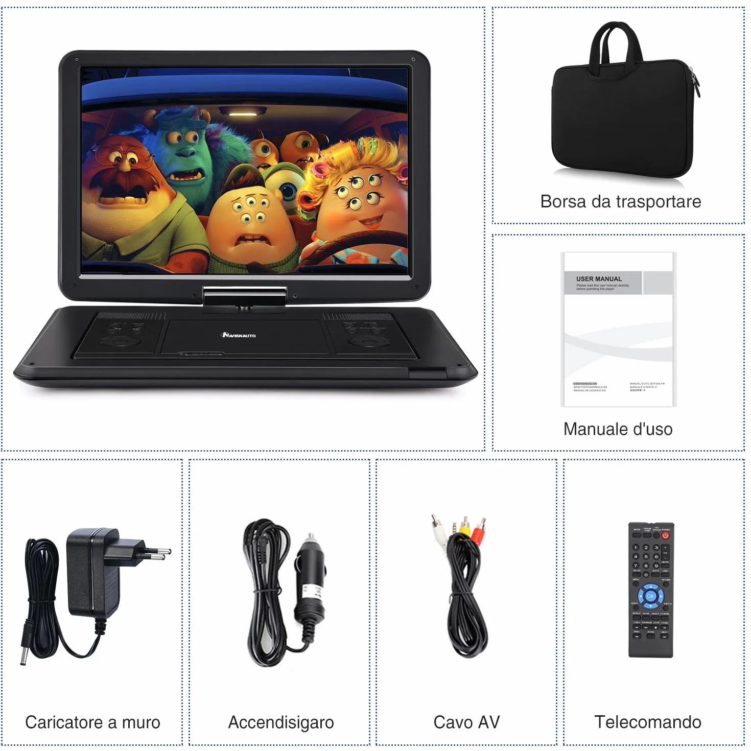 NAVISKAUTO 17,5" Lettore DVD Portatile Grande Schermo da 16 Pollici, Supporta HDMI, Autonomia da 6 Ore, USB/TF/AV IN/OUT/Regione Libera,18 Mesi di Garanzia
