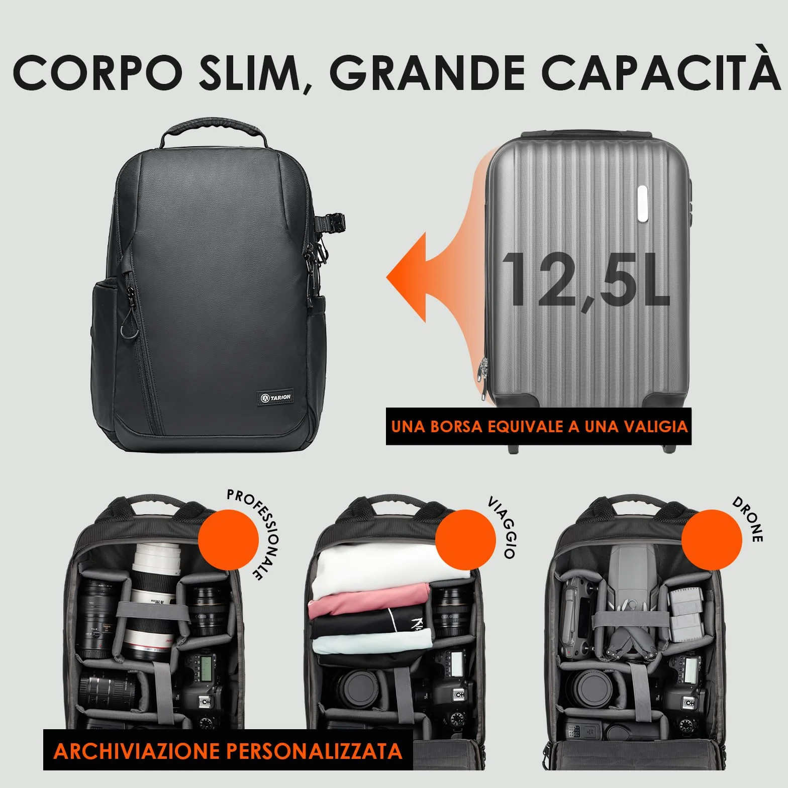 TARION TR-L Zaino Impermeabile per Fotocamera Con Scomparto per Laptop da 14'', Professionale di Grande Capacità Con Copertura Antipioggia