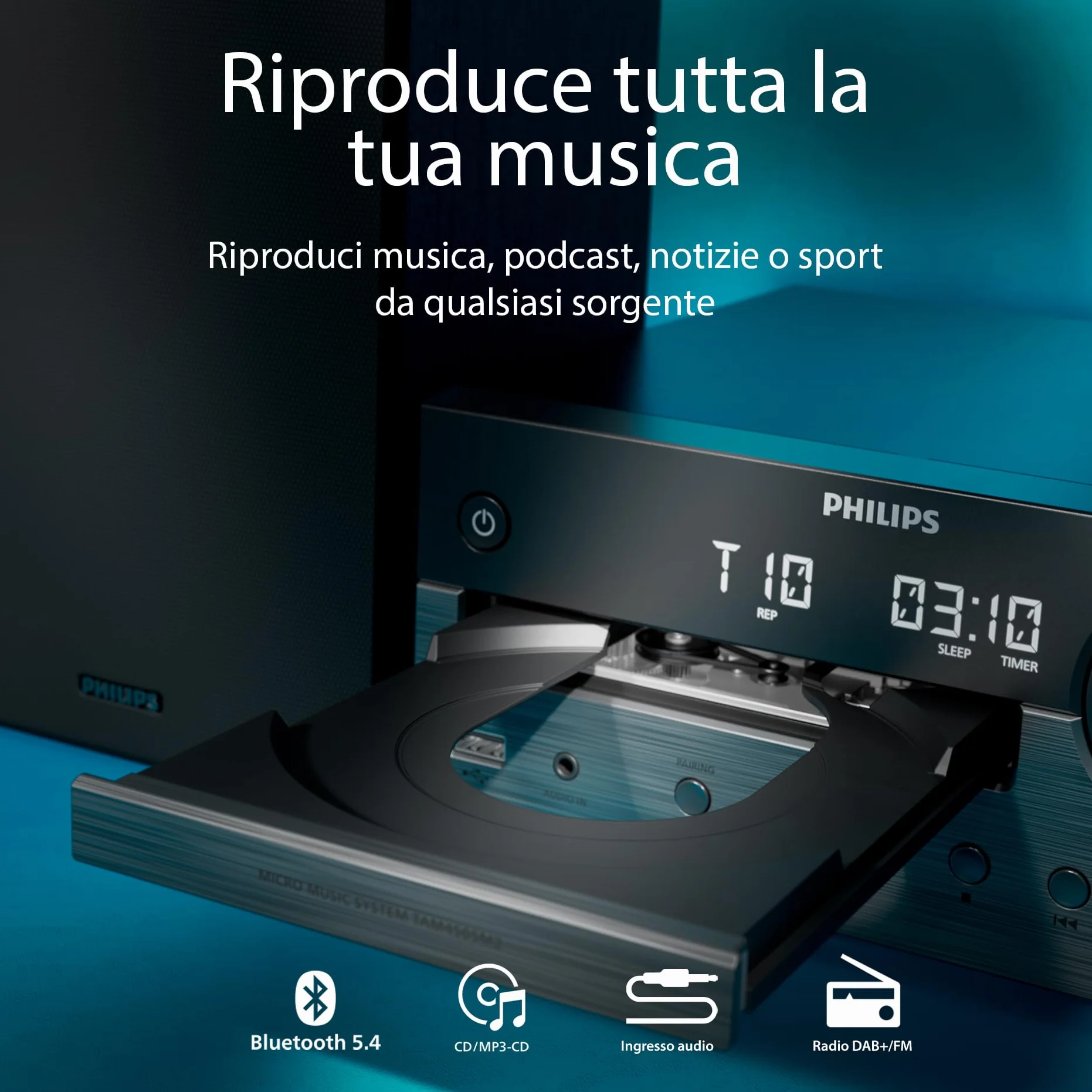 Philips TAM4555M2 Sistema Micro Hi-Fi – 100W, Altoparlanti Bass Reflex, DAB+/FM, CD, USB, Audio-in, Bluetooth 5.4, Auracast, Telecomando, Digital Sound Preset, Imballaggio ecologico